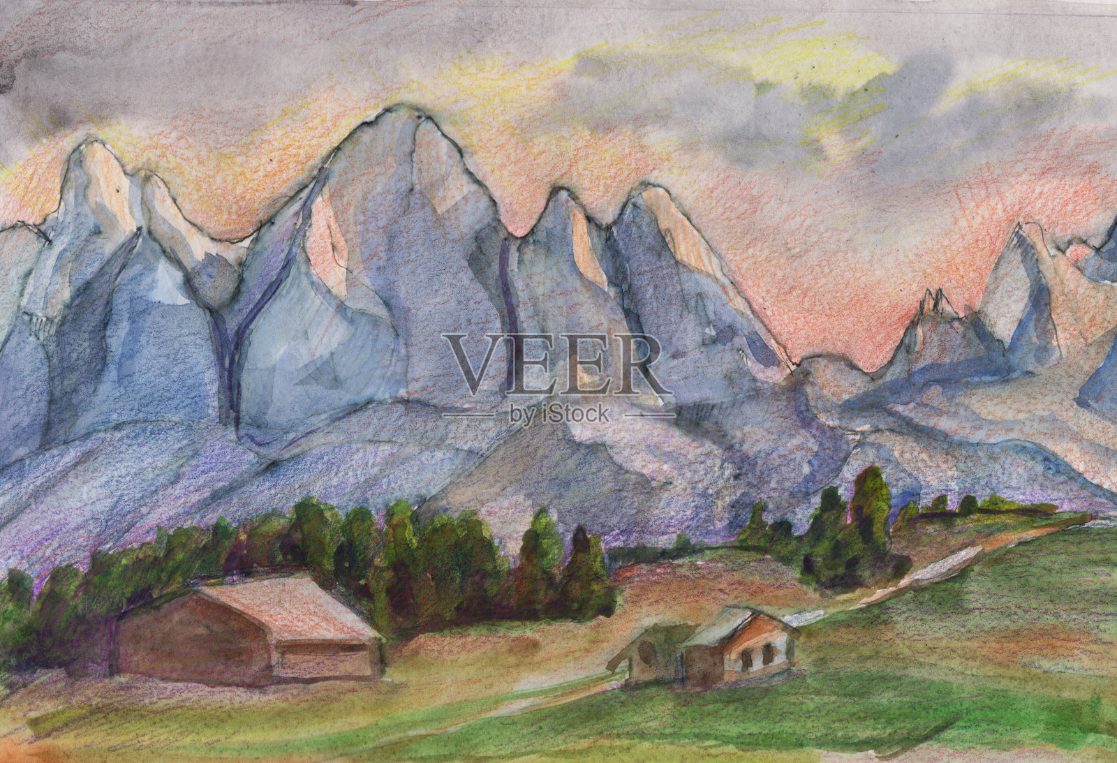 夕阳下的雪山插画图片素材