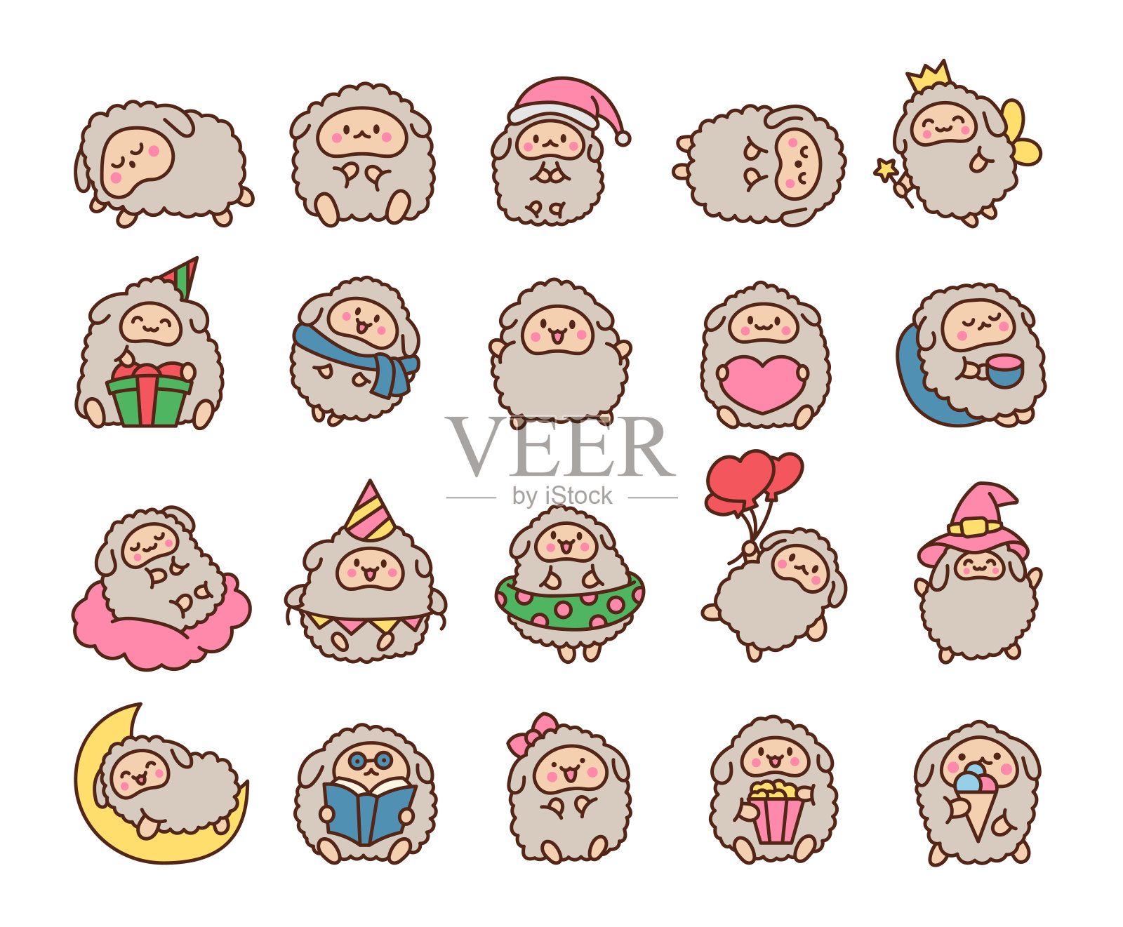 可爱的卡哇伊小绵羊。微笑的可爱的动物角色。手绘风格。矢量图。设计元素的集合。插画图片素材