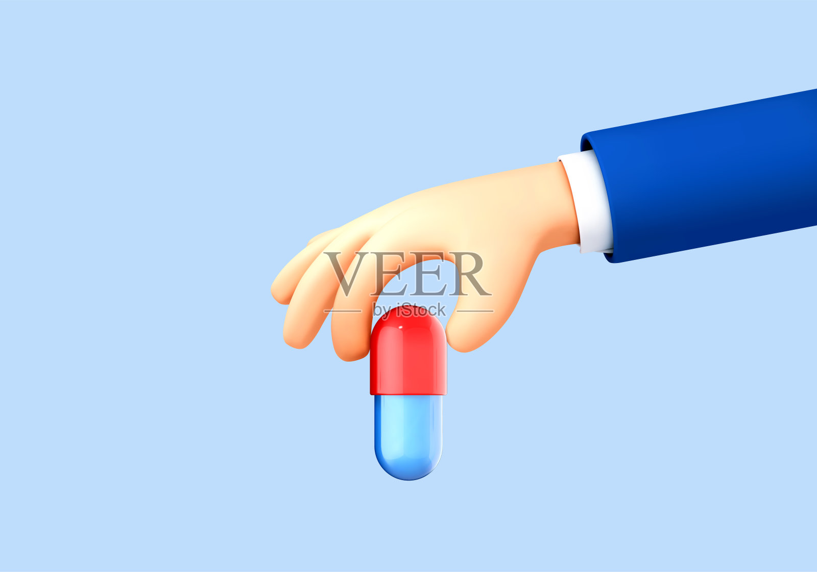 3D卡通人体手持药物胶囊。医疗保健理念。矢量三维插图插画图片素材