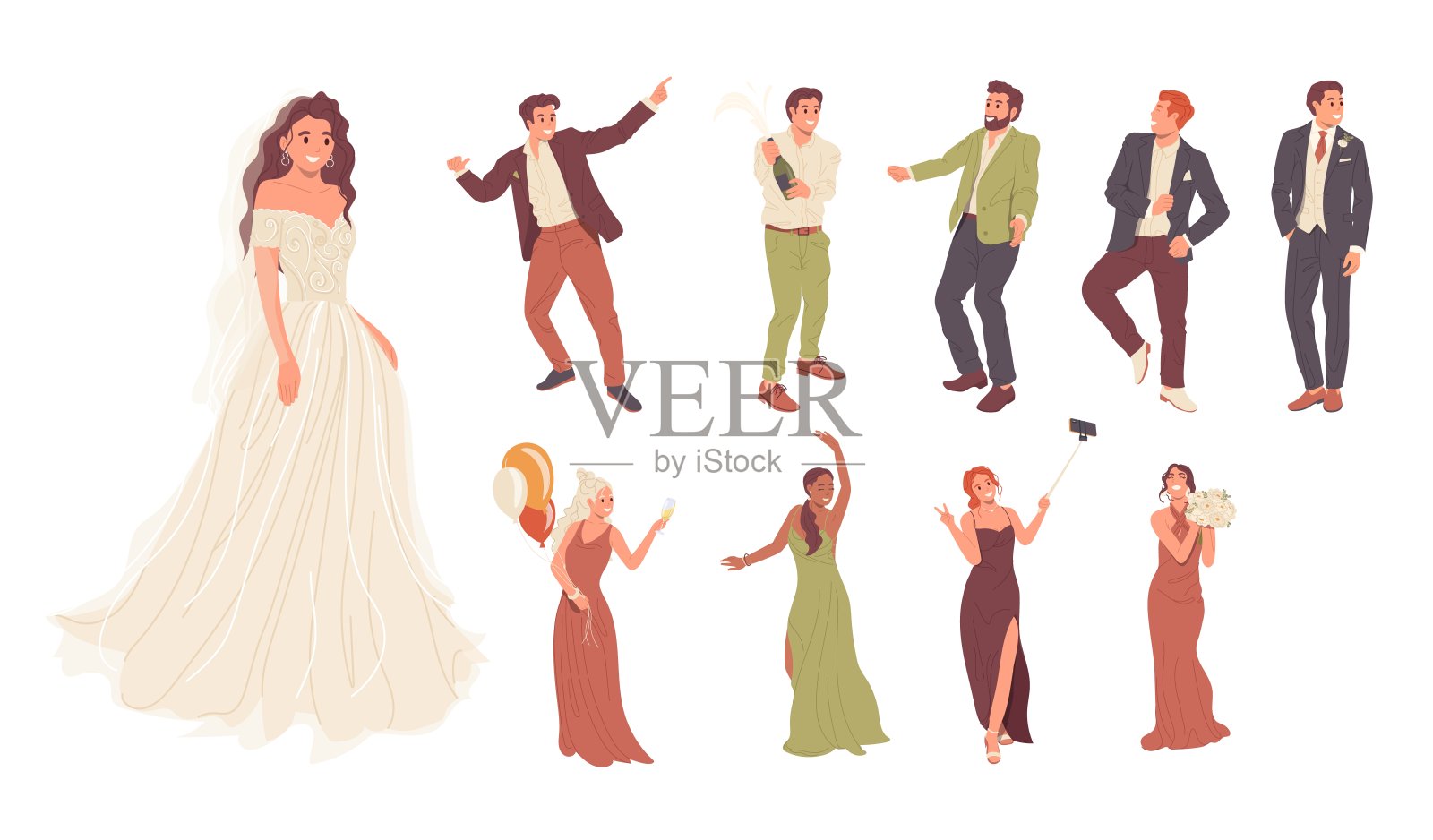 一套漂亮的男女卡通人物穿着优雅的时尚礼服和西装插画图片素材