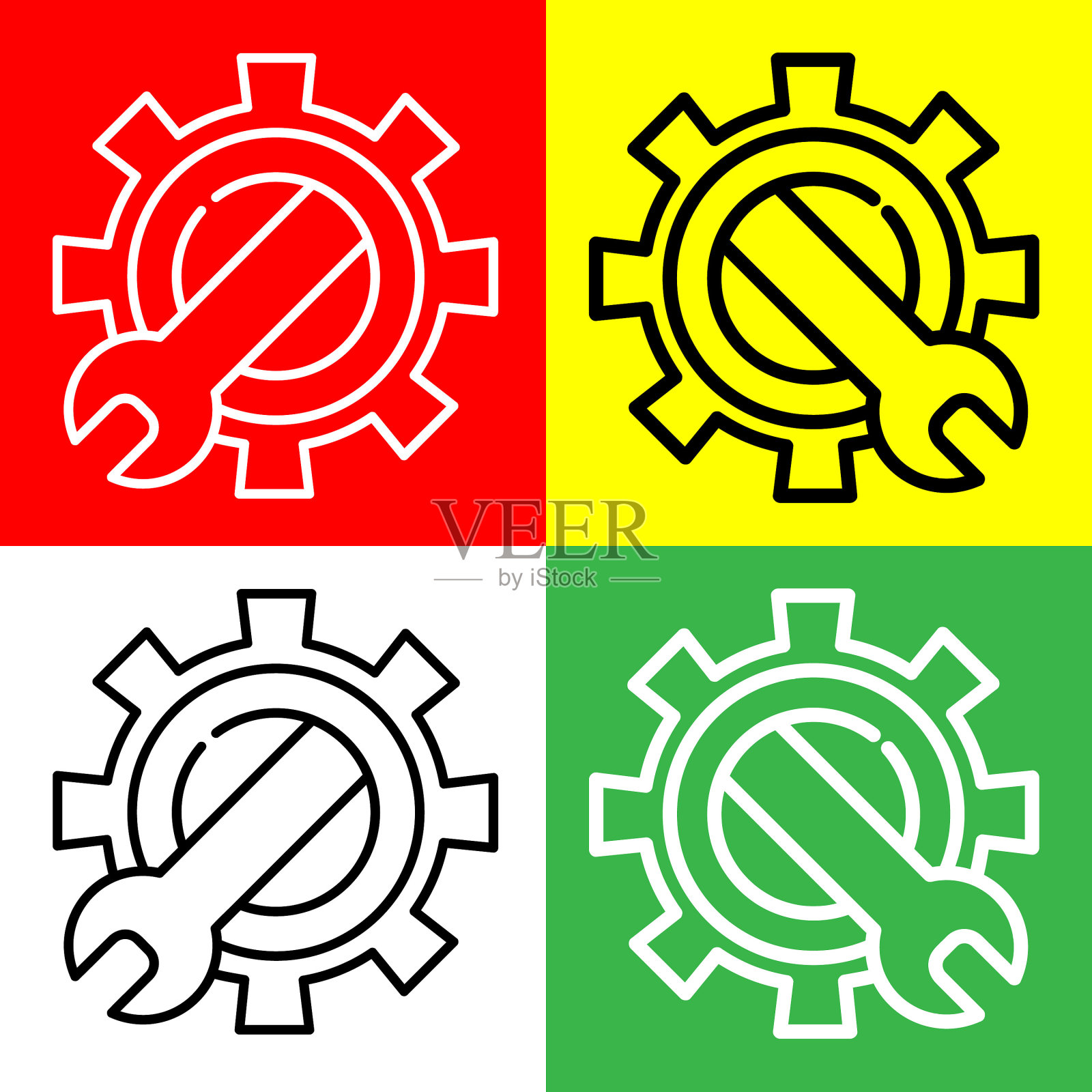 扳手，扳手和齿轮矢量图标，线性风格图标，从工作在进行中的图标收集，隔离在红色，黄色，白色和绿色背景。插画图片素材