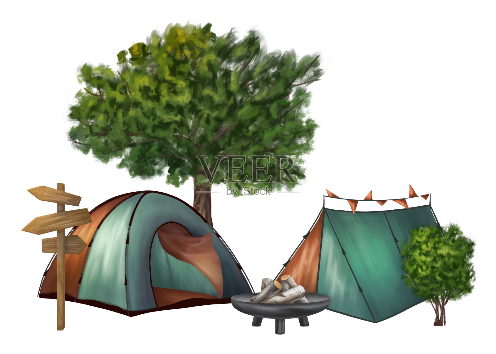带着帐篷和篝火露营。暑假在夏令营。森林景观配徒步装备，活动娱乐。户外探险，徒步旅行，野餐假期。孤立的插图插画图片素材