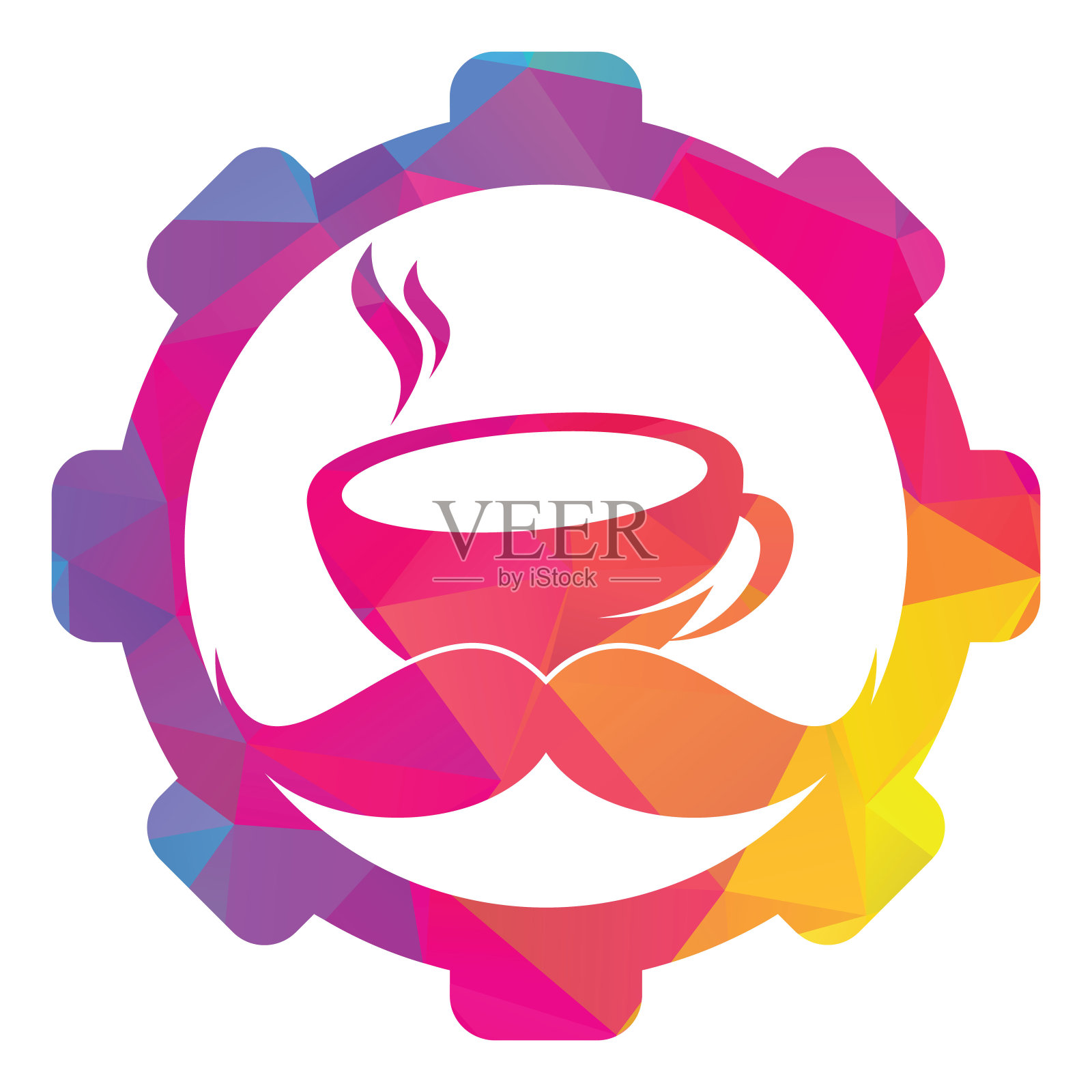 小胡子咖啡齿轮形状标志设计模板。插画图片素材