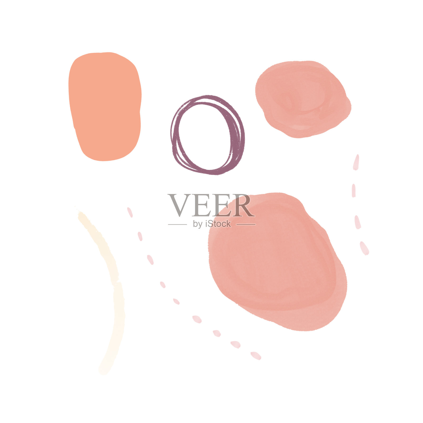 一套抽象的形状在时尚的紫色，粉红色和桃色。为了设计情人节。斑点，平滑不平的线条，笔画，纹理刷。手绘。插画图片素材