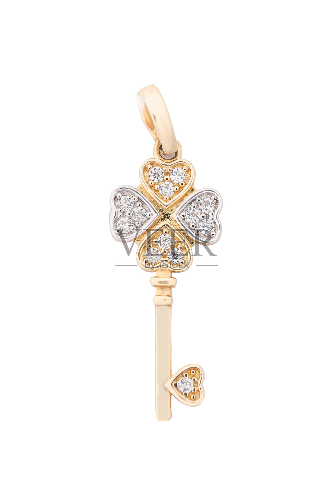 金色项链与水晶在白色的背景，黄金吊坠花的形状照片摄影图片