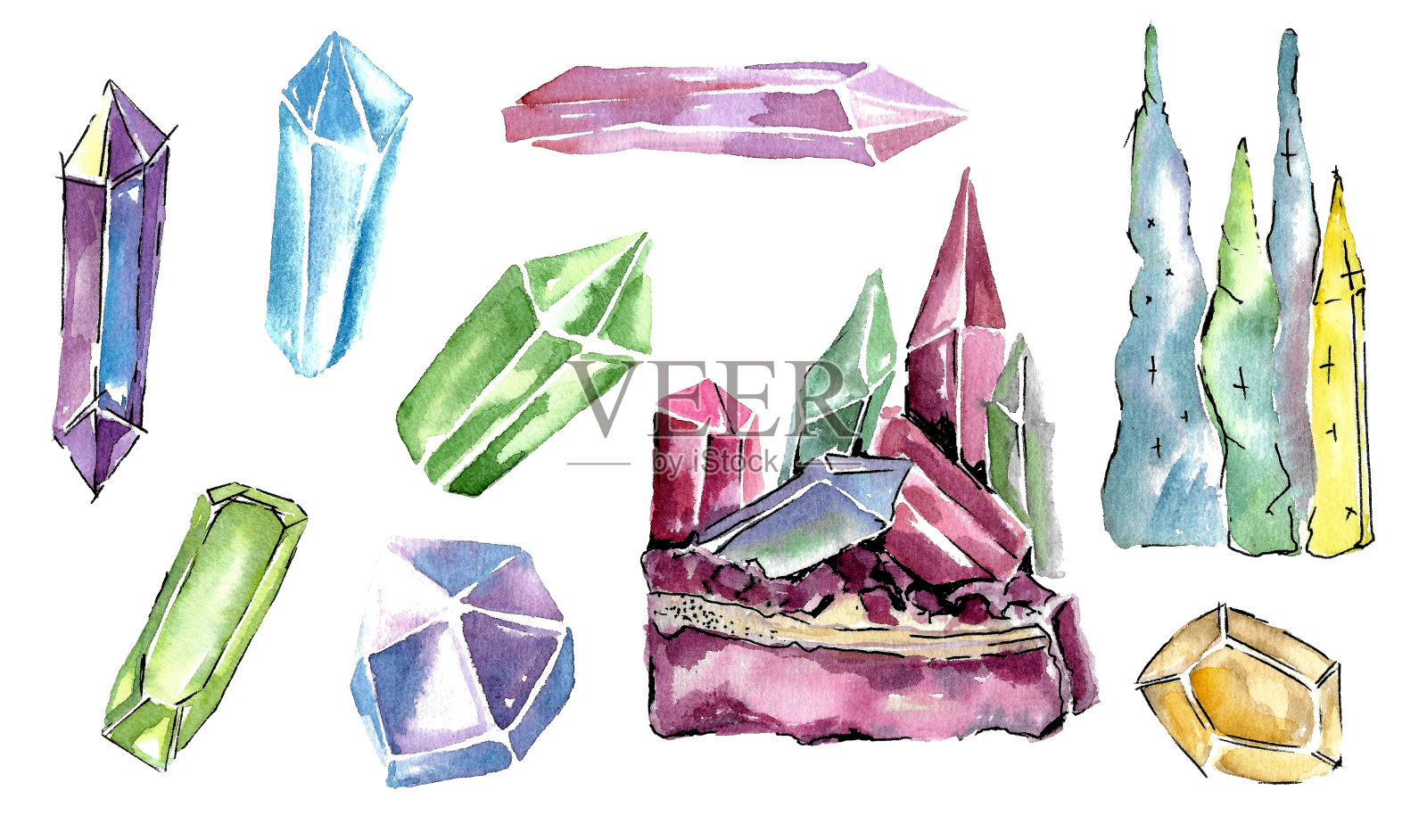 宝石上的一组大的彩色晶体和单个的晶体。插画图片素材