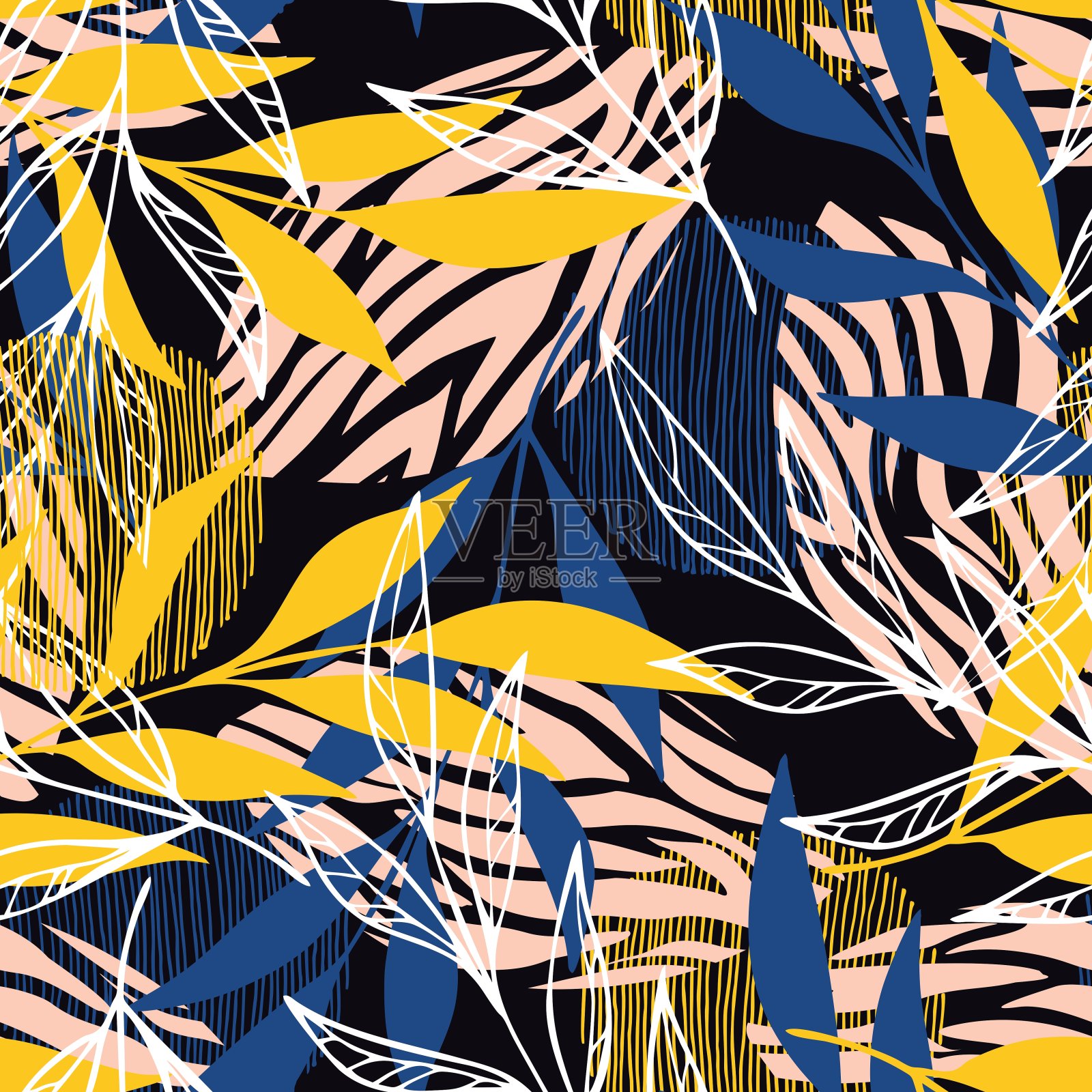 无缝涂鸦图案与树叶素描。插画图片素材