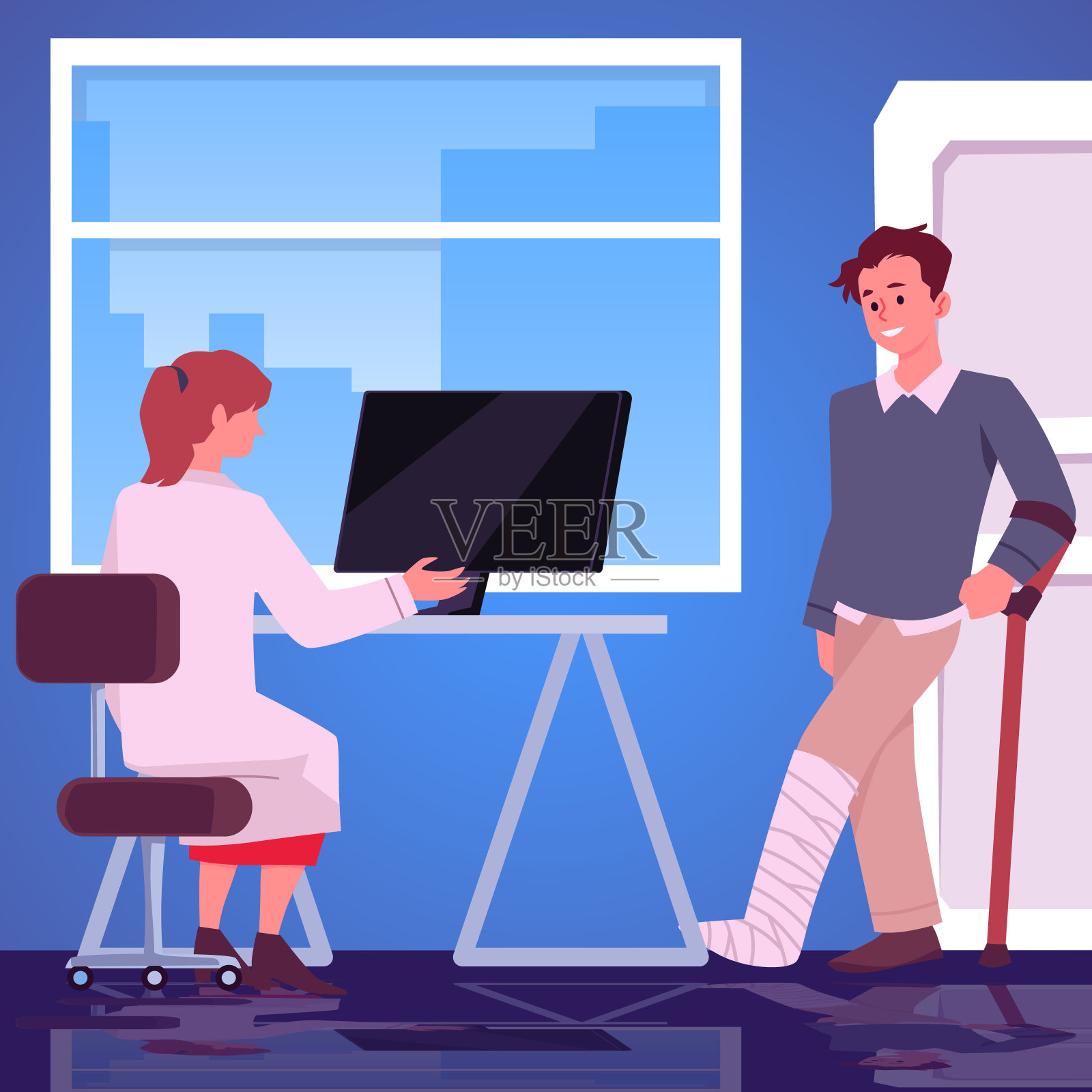 断腿的人去看整形医生。插画图片素材