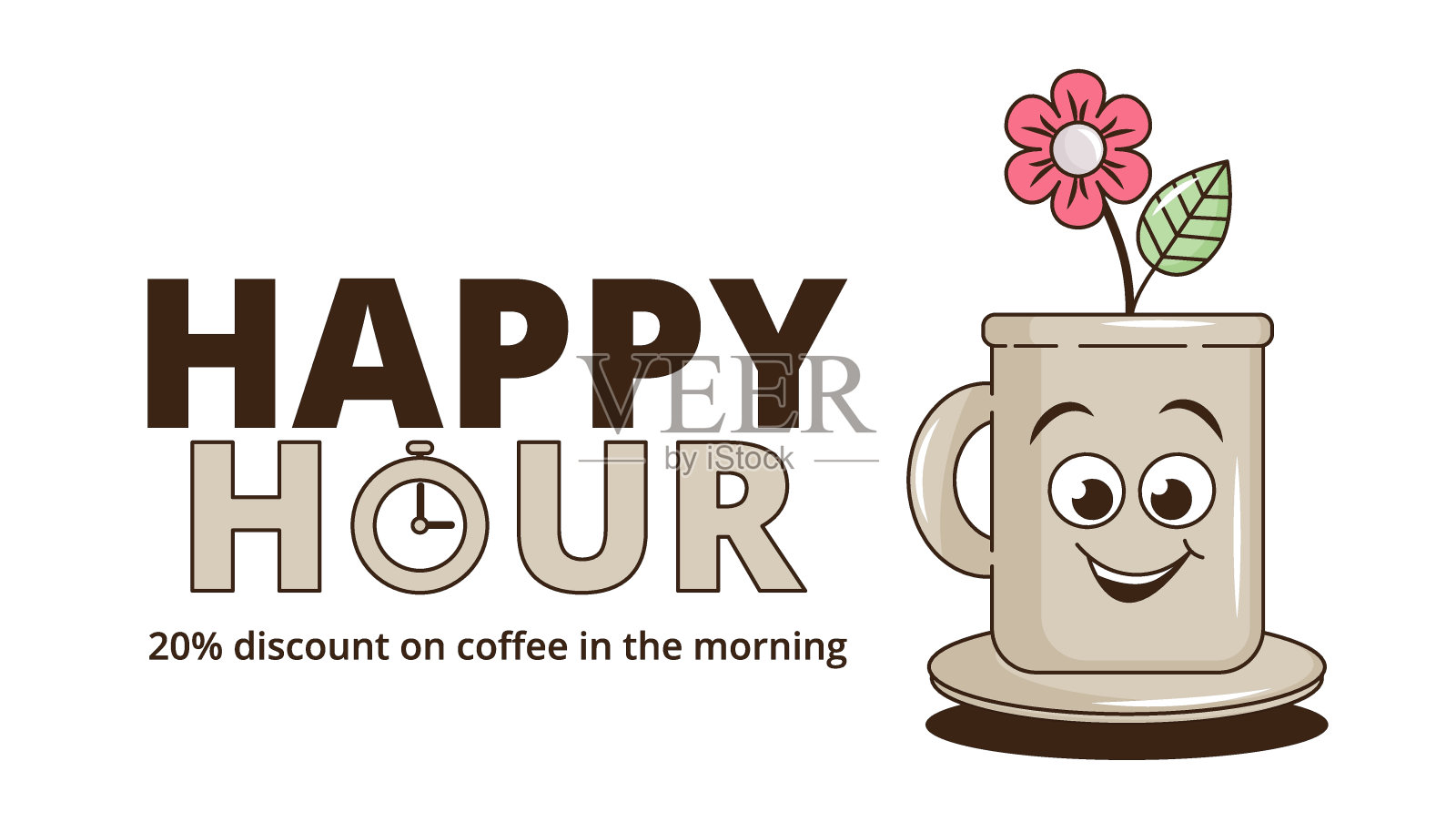 时髦时髦的卡通人物咖啡欢乐时光横幅。复古搞笑吉祥物贴片迷幻微笑，情绪激动。咖啡厅、酒吧、餐厅的设计艺术。漫画时尚矢量插图90年代的风格插画图片素材