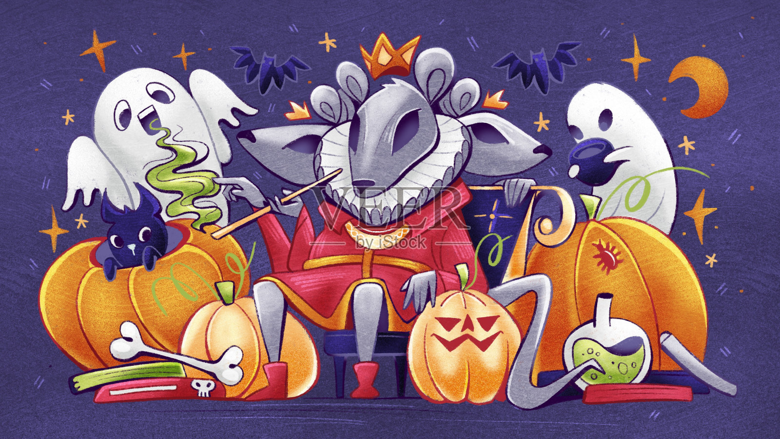 老鼠王和他的随从的插图:鬼，魔鬼，南瓜在卡通卡哇伊风格。插画图片素材