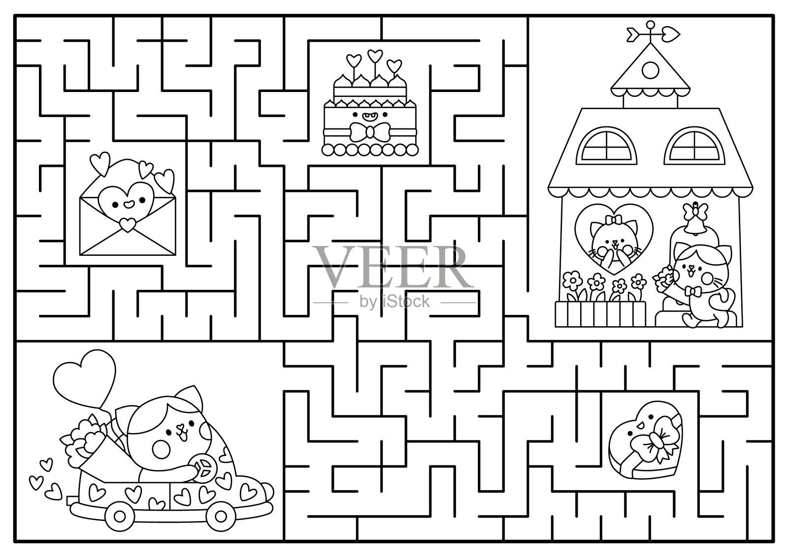 为孩子们设计的黑白迷宫。爱假日线印刷活动与卡哇伊字符，蛋糕，信件。迷宫游戏，拼图，与可爱浪漫的约会，猫着色页插画图片素材