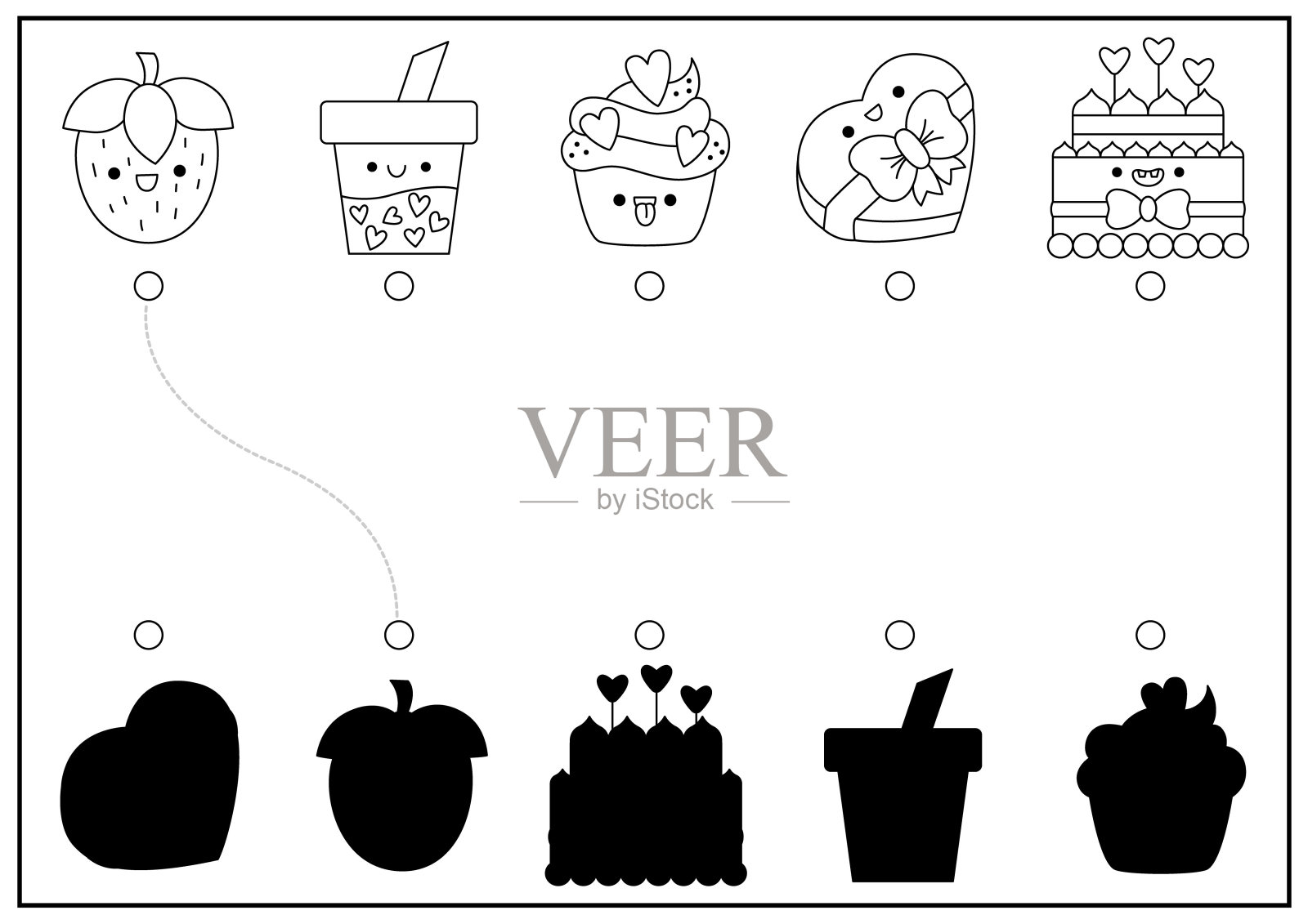 情人节黑白阴影搭配活动搭配甜食。喜欢假日卡哇伊拼图。找到正确的轮廓打印工作表，与丘比特，心脏，鸟类着色页插画图片素材
