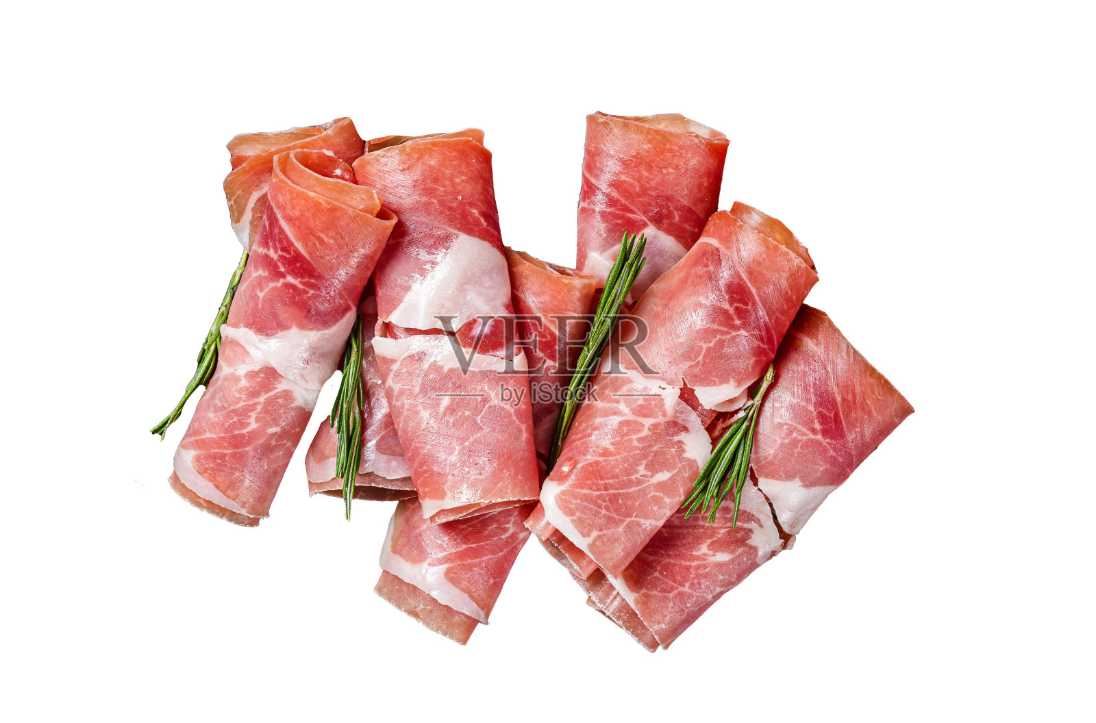 传统的西班牙火腿塞拉诺火腿大理石板。孤立在白色背景上。照片摄影图片