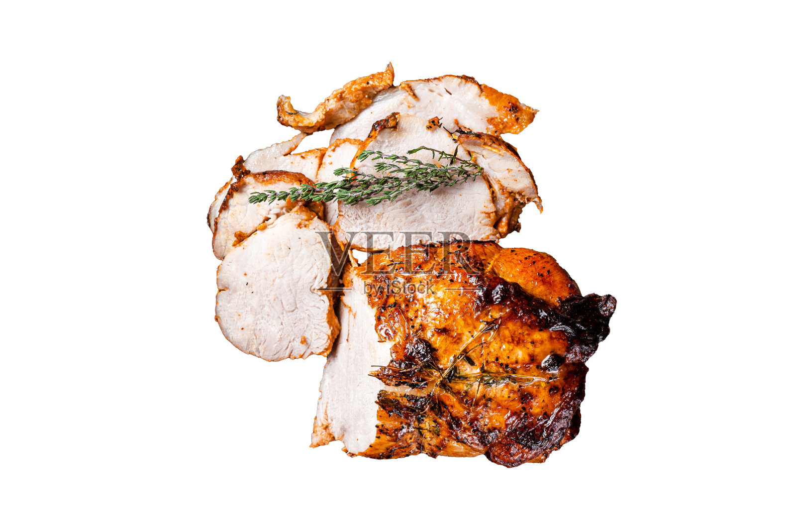 烤猪肉卷火腿肉盘与百里香。孤立，白色背景。照片摄影图片