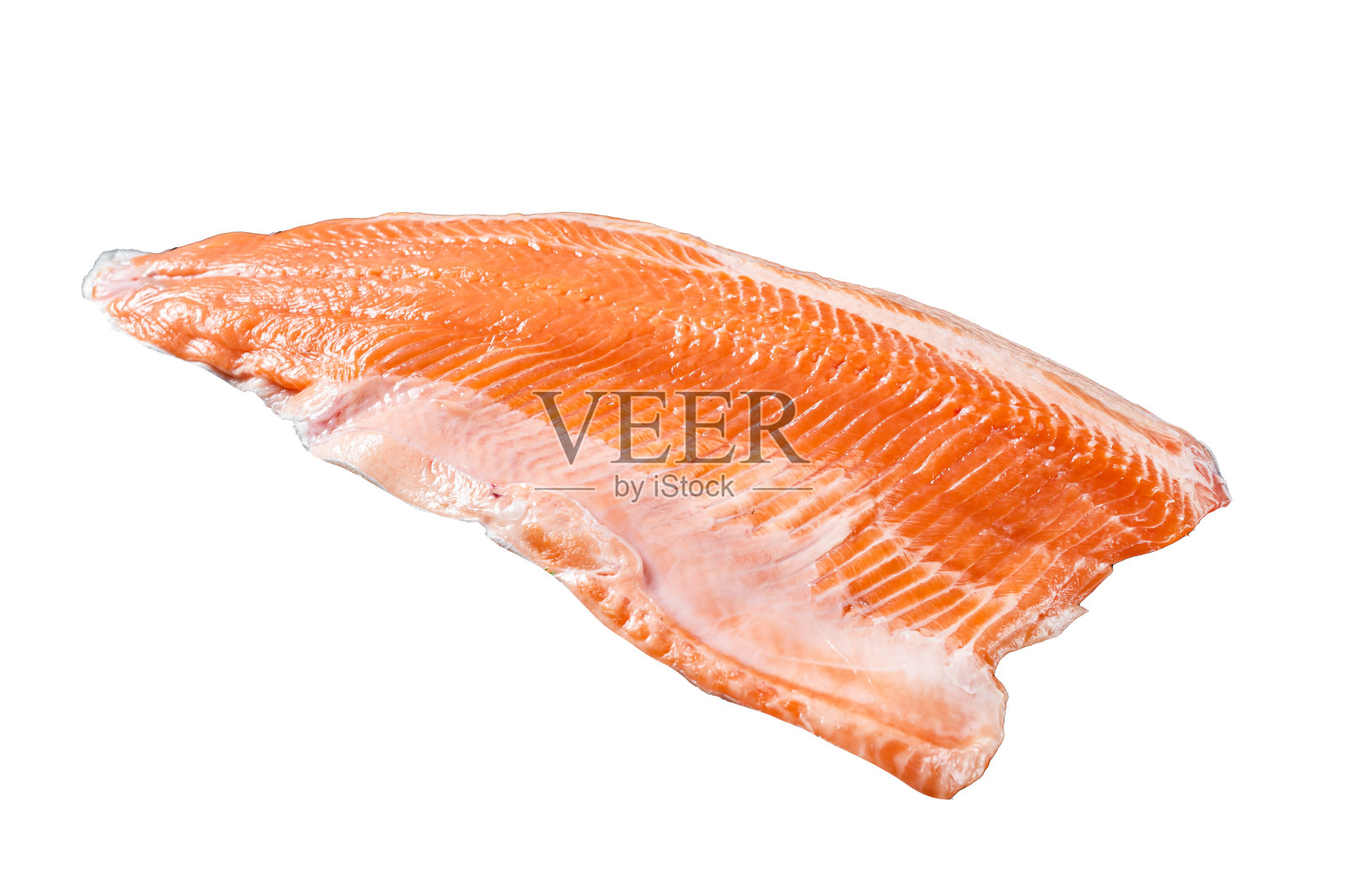 生三文鱼片，香草烤牛排。孤立在白色背景上。照片摄影图片