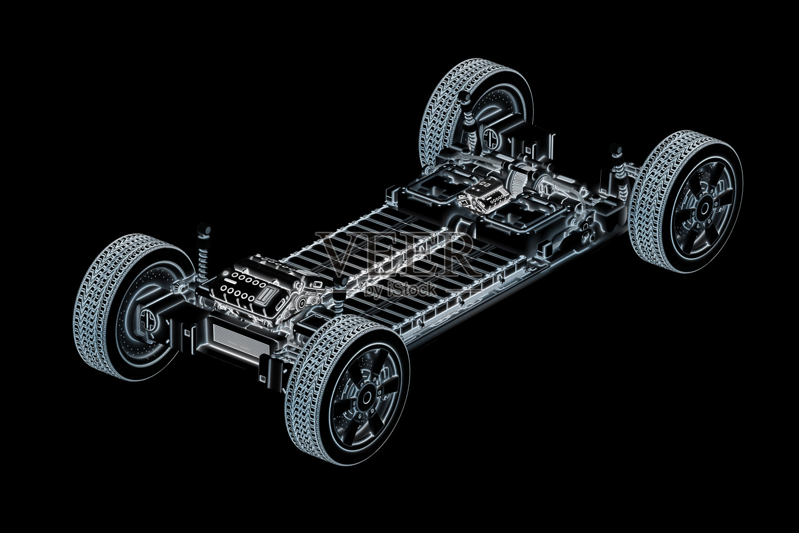平台上装有电池组的电动汽车或电动汽车结构照片摄影图片