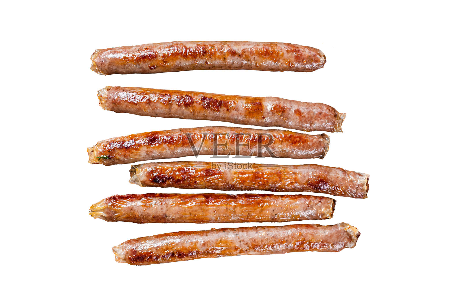 烤牛肉和猪肉肉肠孤立在白色背景，俯视图。照片摄影图片