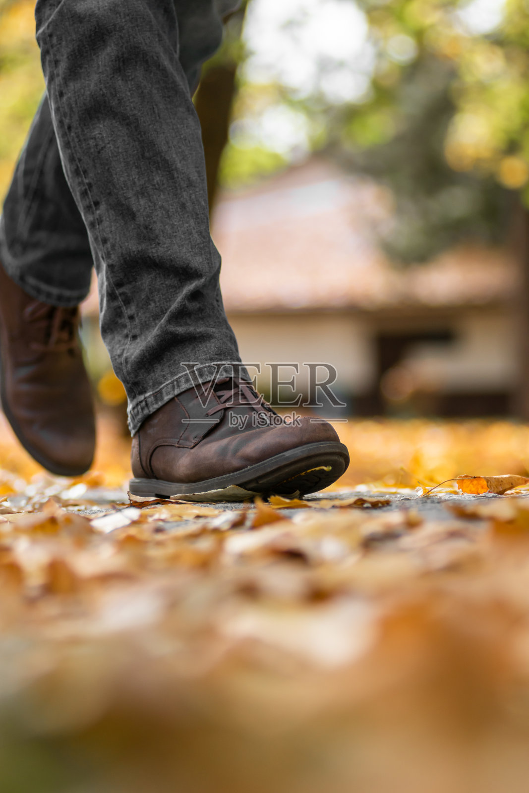 一个穿着棕色皮鞋的男人踩在满是枯叶的小路上照片摄影图片