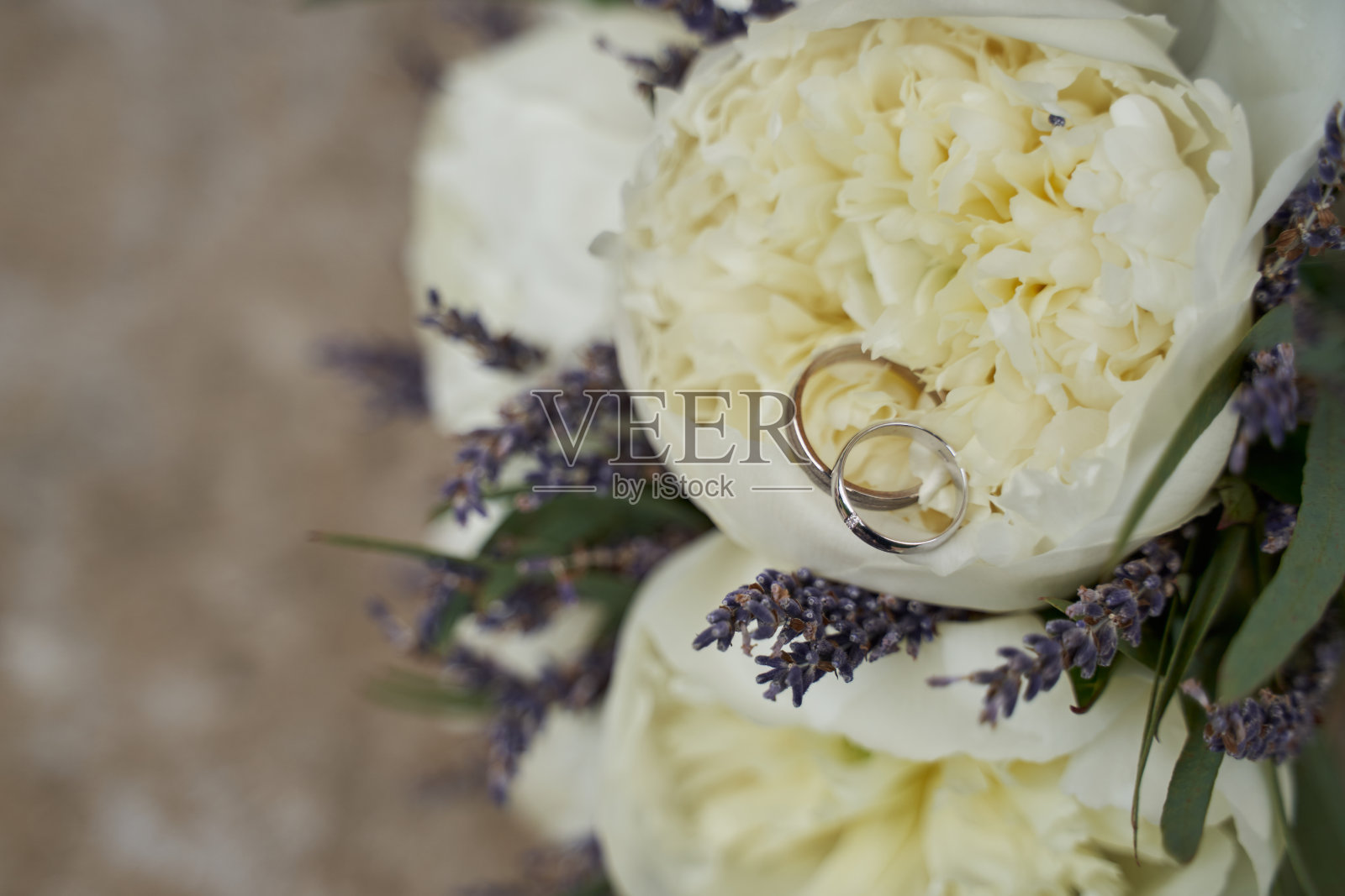 精致的婚礼花束大白色牡丹和薰衣草和白金结婚戒指照片摄影图片