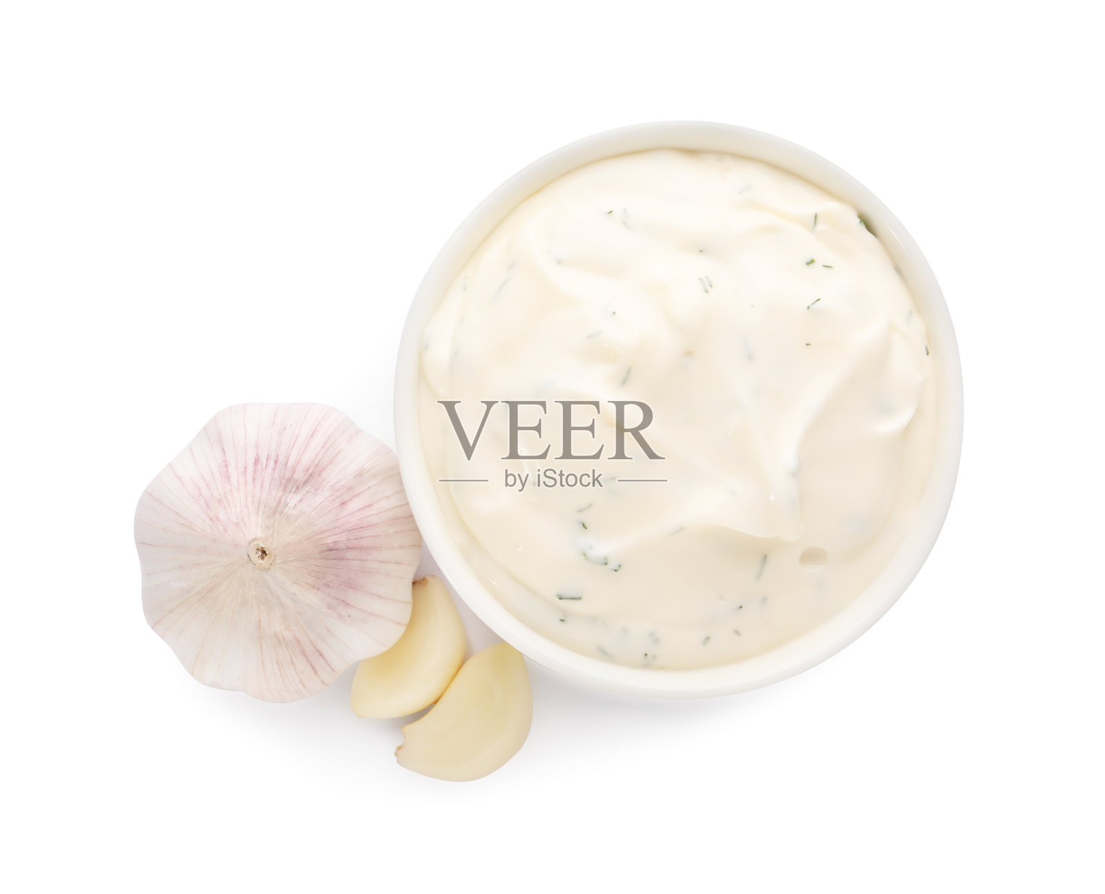 美味的酱汁与大蒜隔离在白色，俯视图照片摄影图片