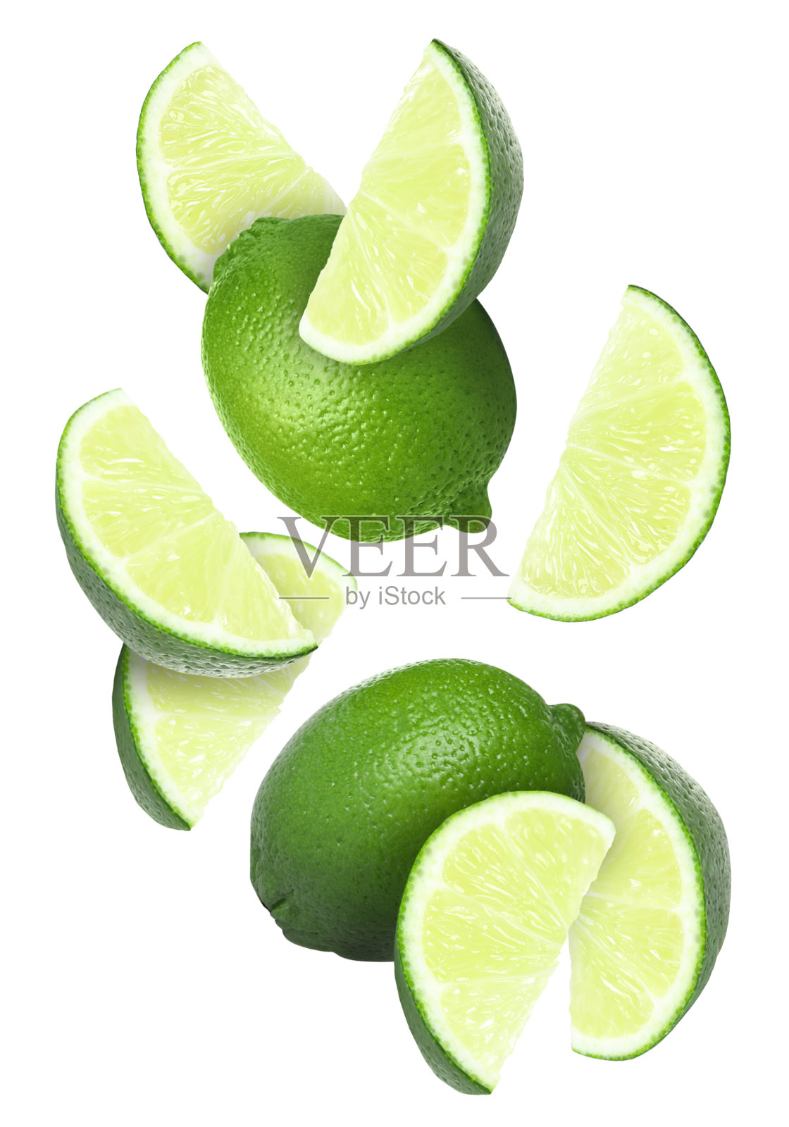 新鲜成熟的酸橙落在白色的背景上照片摄影图片