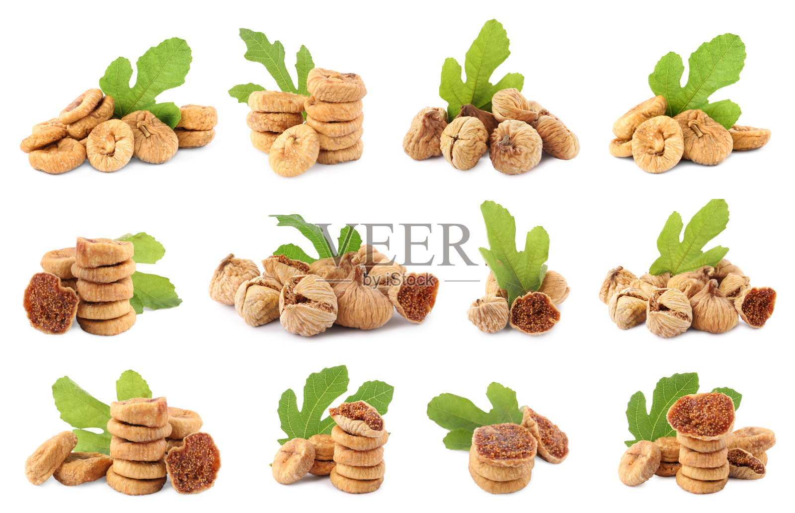 甜干无花果和绿叶孤立在白色，设置照片摄影图片