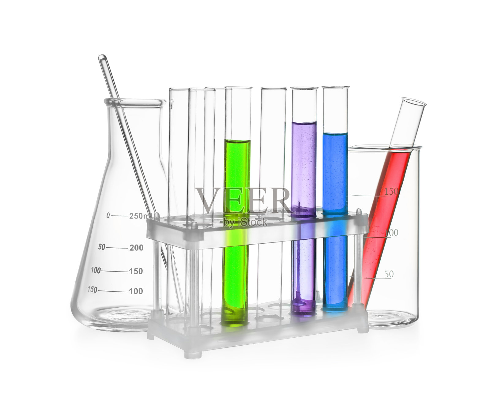 玻璃烧瓶，烧杯和试管与彩色液体隔离在白色照片摄影图片