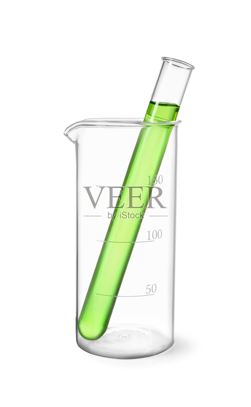 玻璃烧杯和试管，绿色液体隔离在白色照片摄影图片