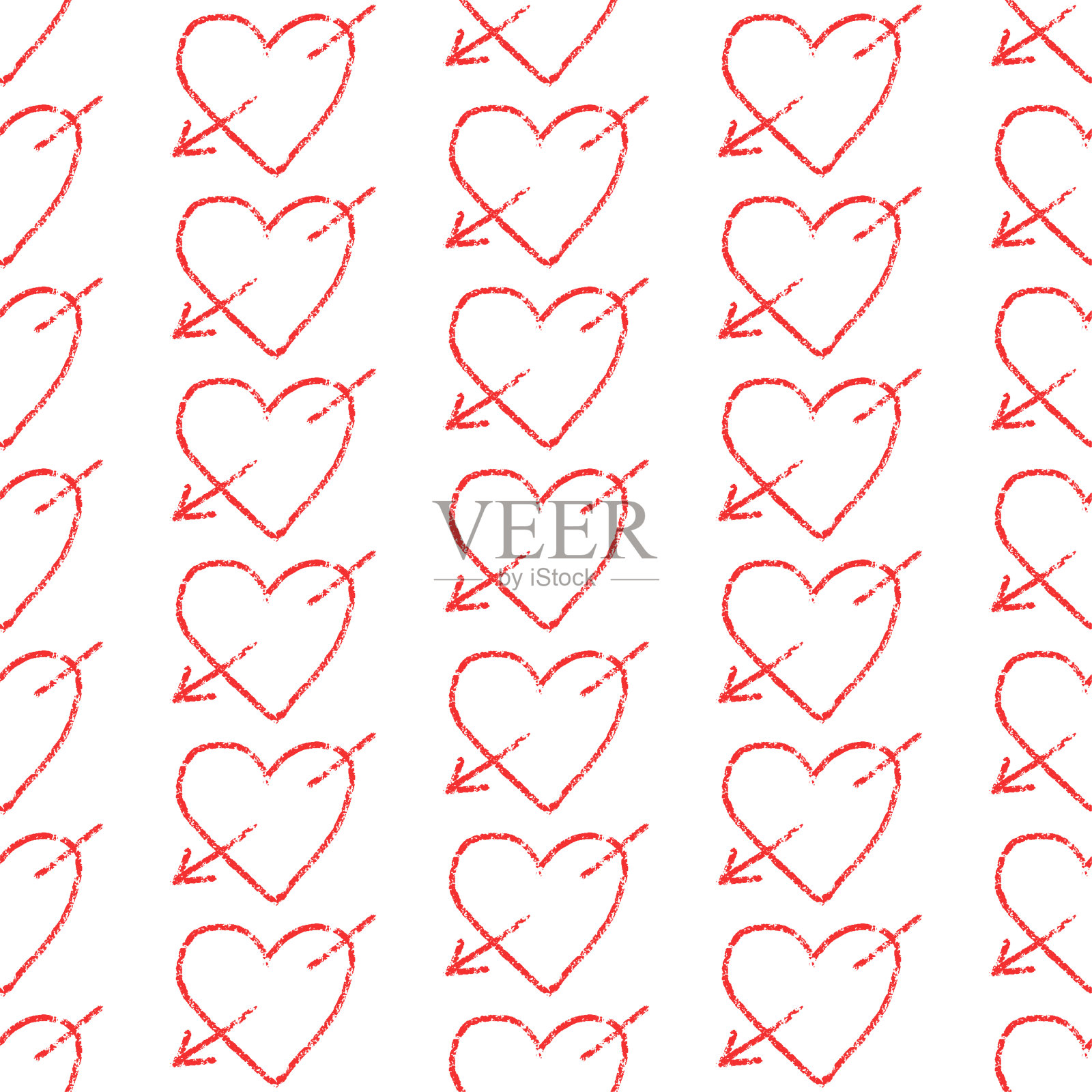 情人节更简单的红心无缝图案。蜡笔画。垃圾心与箭头在白色背景。矢量插图，蜡笔纹理图插画图片素材