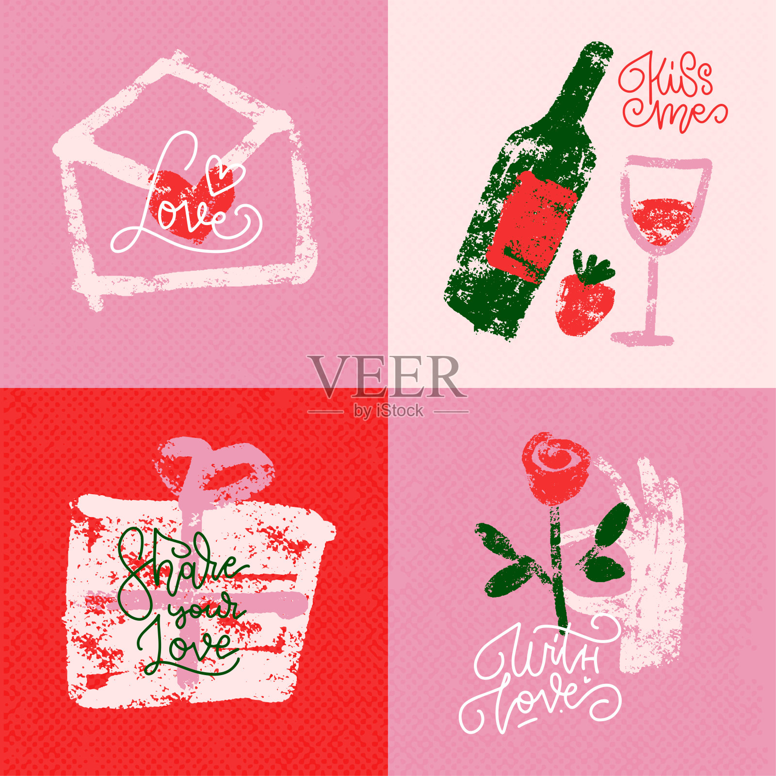 一套情人节贺卡。炭粉元素与心，情书，手，酒用蜡笔绘制。简单，极简的节日插图。插画图片素材