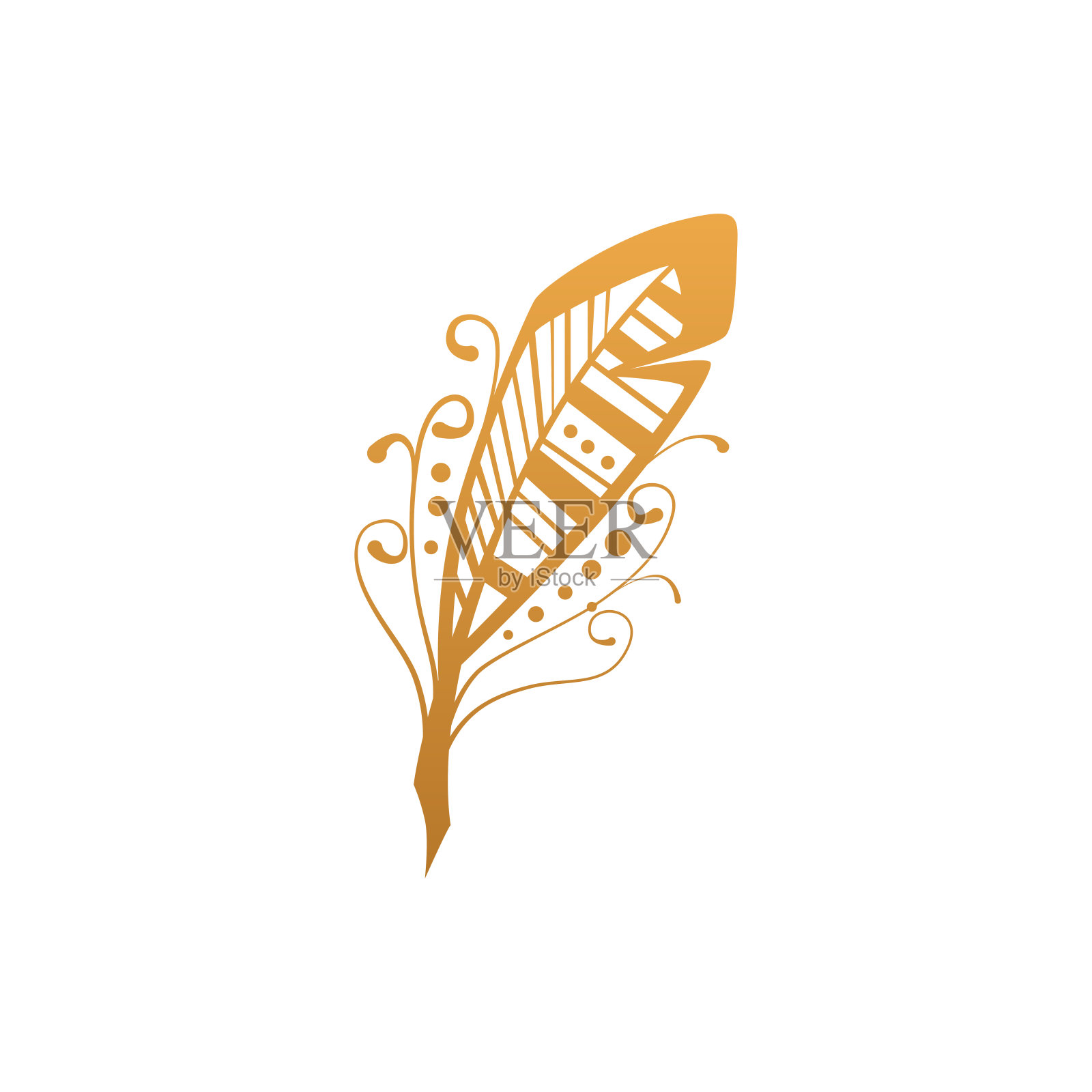 金色羽毛的鸟，下垂蓬松旋转羽与波西米亚金色线条装饰插画图片素材