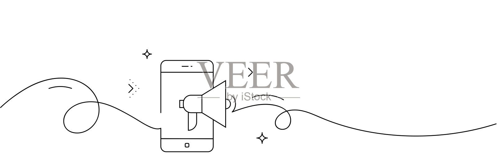 移动营销图标的连续线条绘制。手绘符号矢量插图。插画图片素材