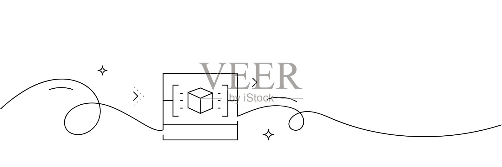 三维扫描仪图标的连续线条绘制。手绘符号矢量插图。插画图片素材