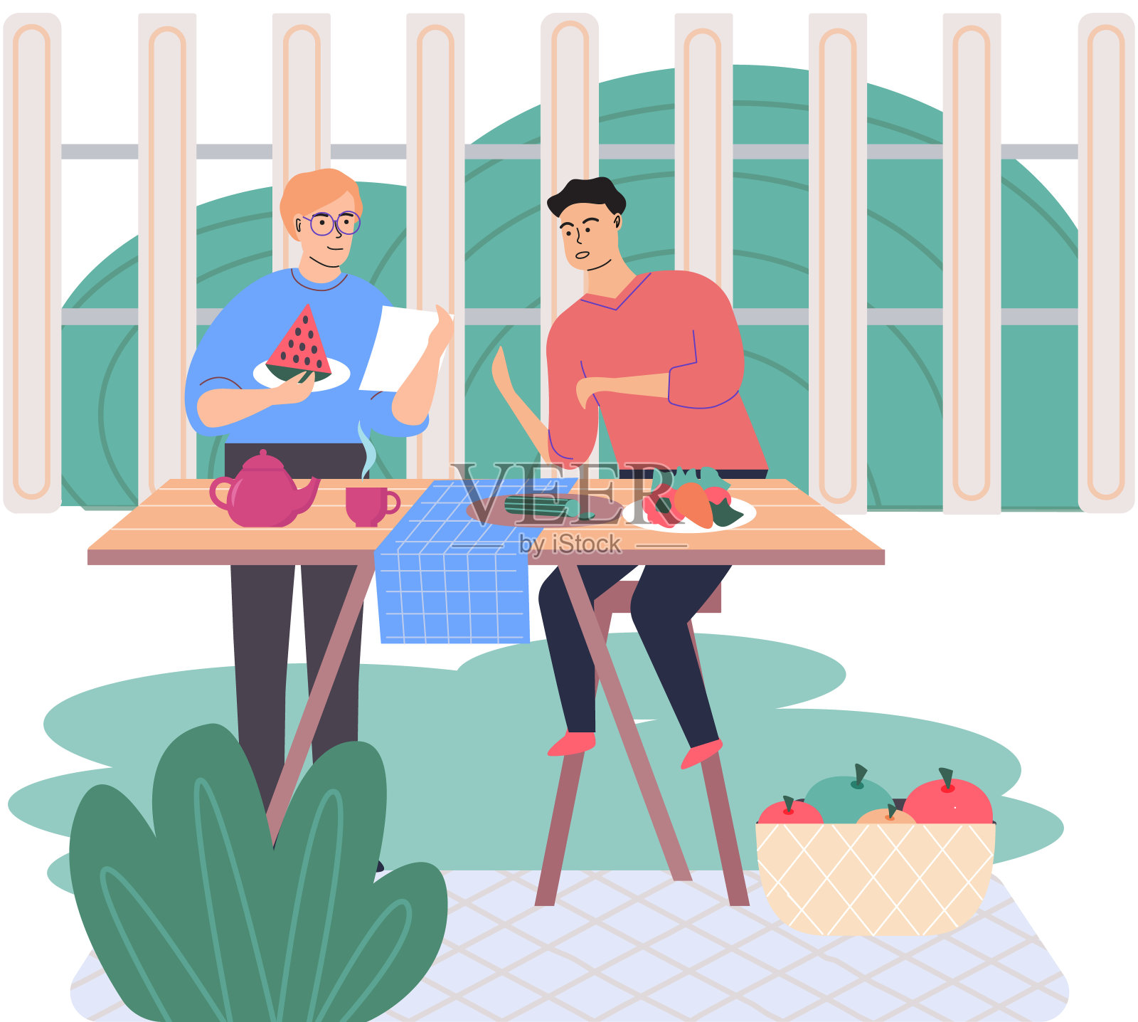 男人们一起做素食。男性朋友用水果和蔬菜准备素食插画图片素材