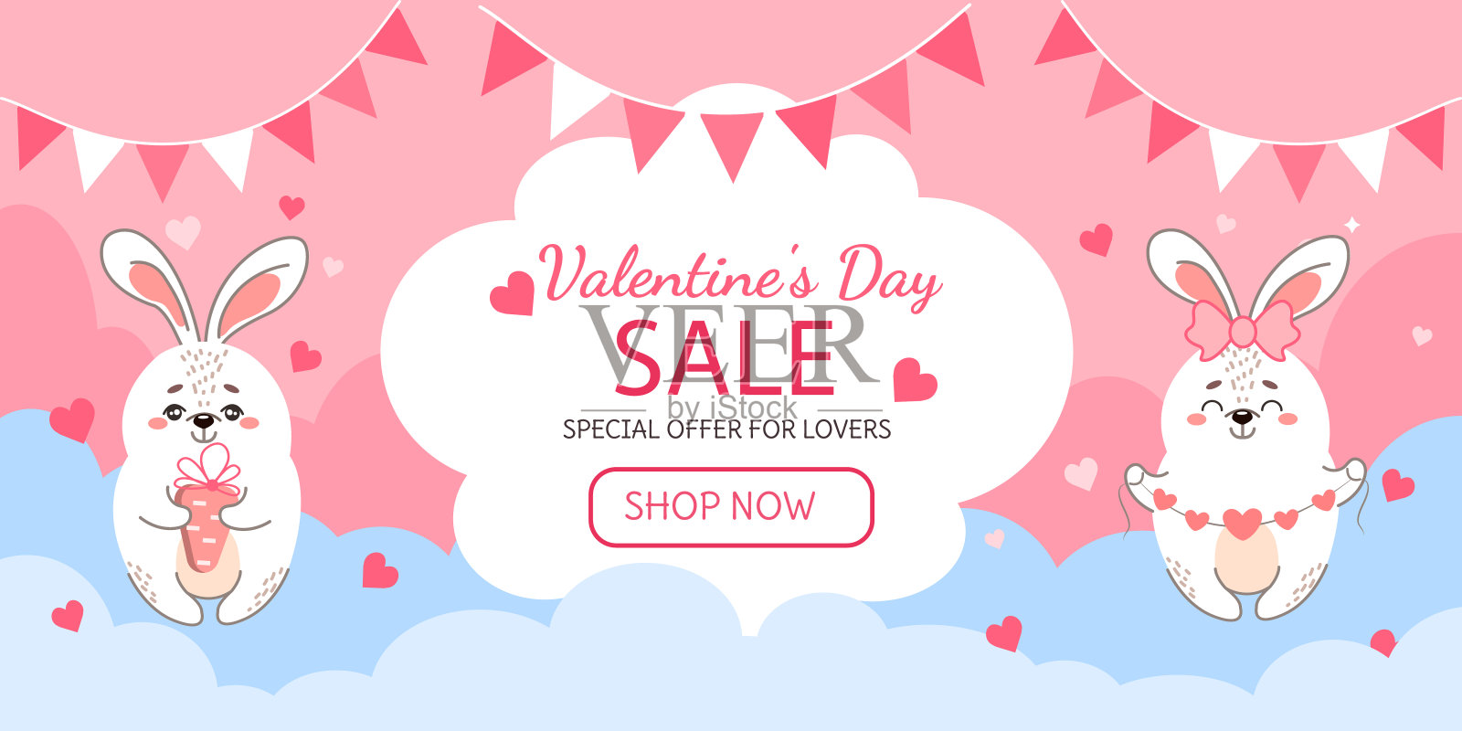 情人节促销的网络横幅，上面有毛茸茸的兔子和爱心插画图片素材