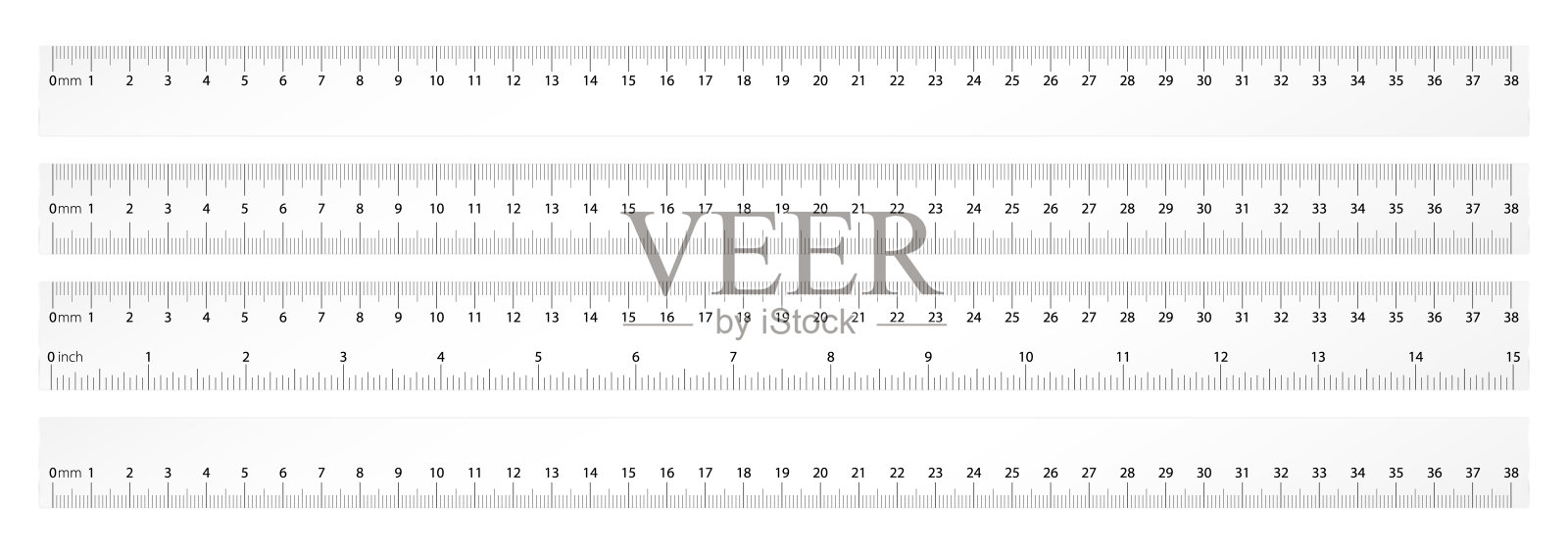 学校简易尺子，用于标尺大小、长度和宽度的几何图形的数学剪影。毫米，厘米和英寸测量系统。绘图工具插画图片素材