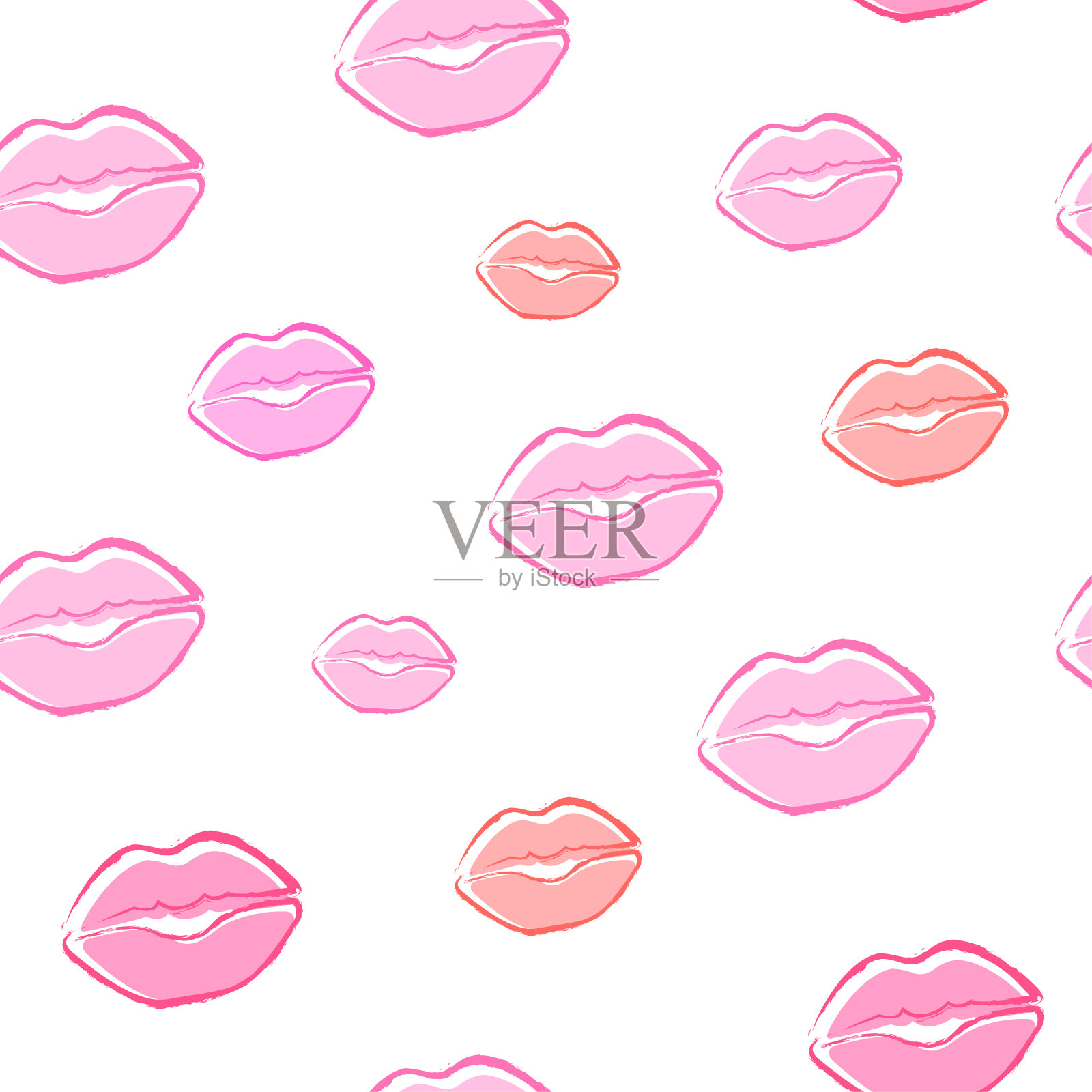 矢量粉笔粉吻无缝图案背景。唇印包装纸。世界接吻日，情人节。美容和化妆品背景。插画图片素材