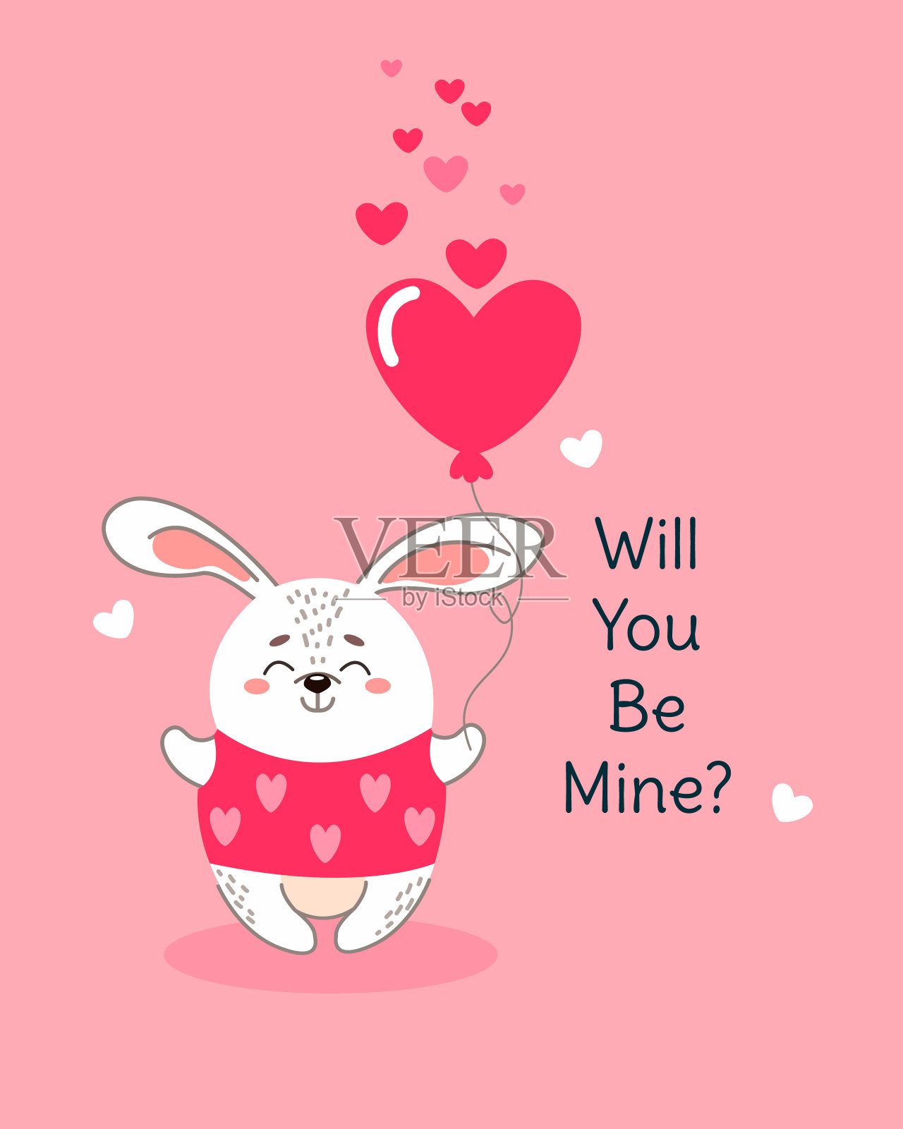 情人节贺卡上有一只可爱的兔子插画图片素材