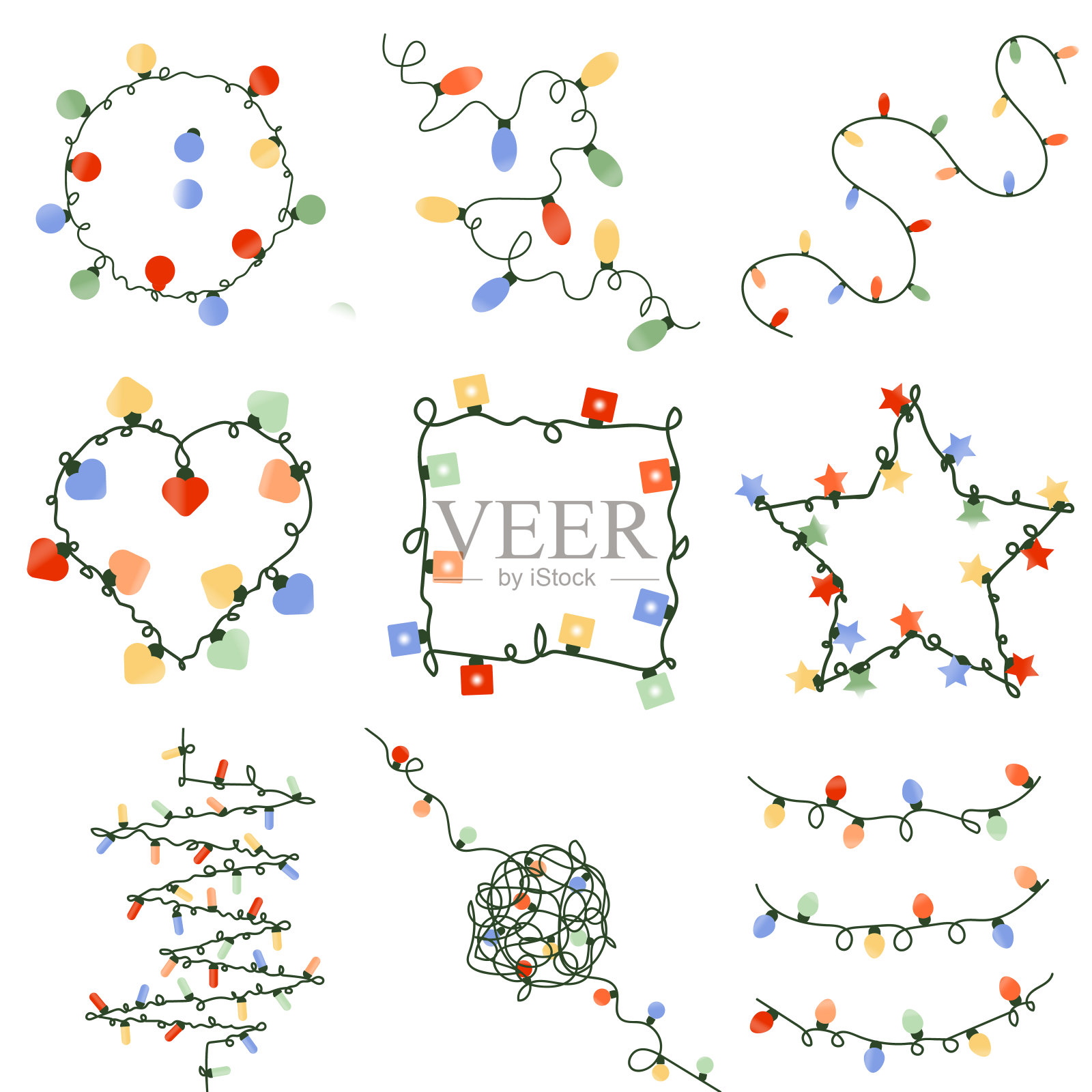 形状各异的圣诞花环灯。圆圈，之字形，线条，心形，白色背景上的星星。矢量图插画图片素材