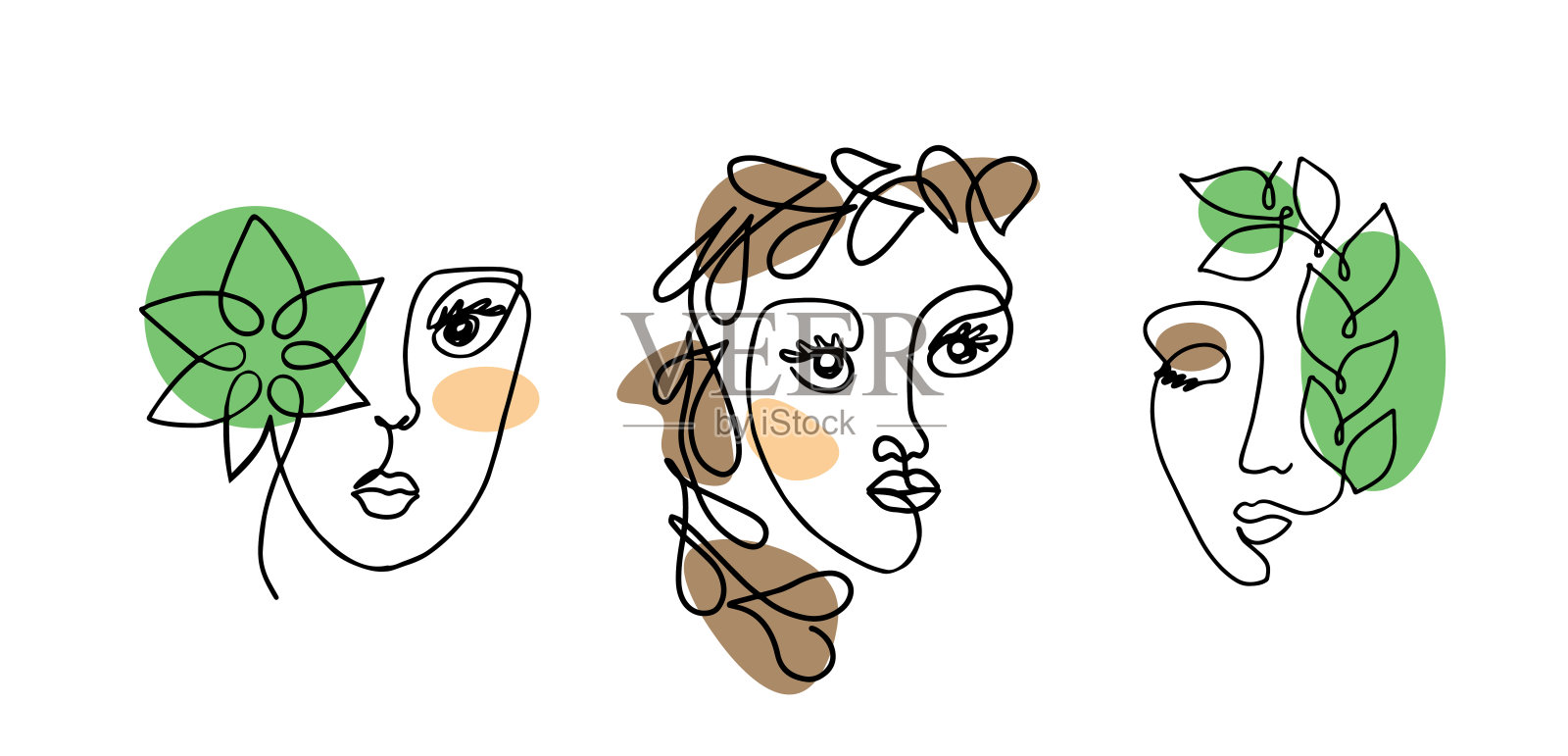 女孩的脸在一条线的颜色手绘矢量插画图片素材