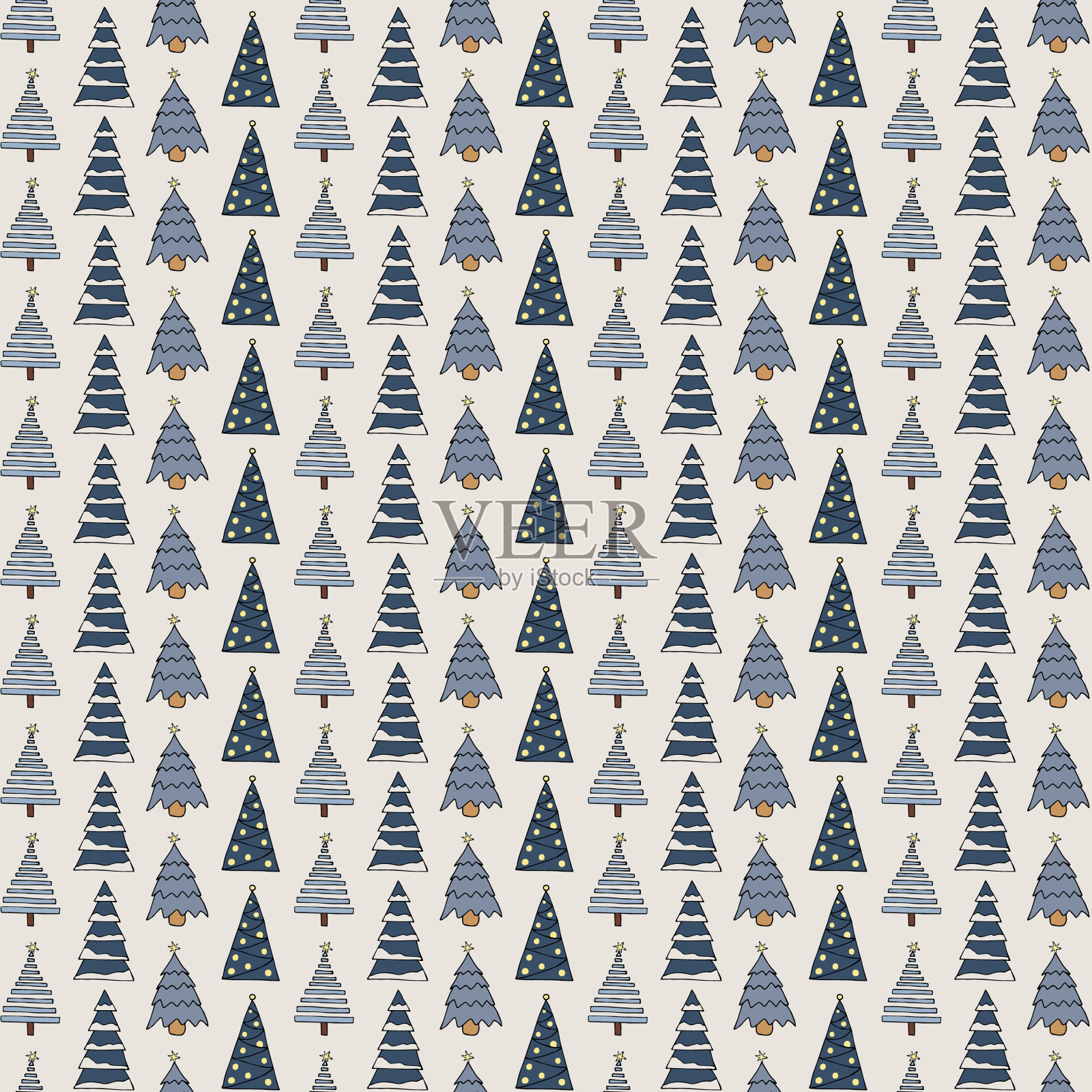 彩色手绘无缝不同形状的冬季树木在浅灰色的背景插画图片素材