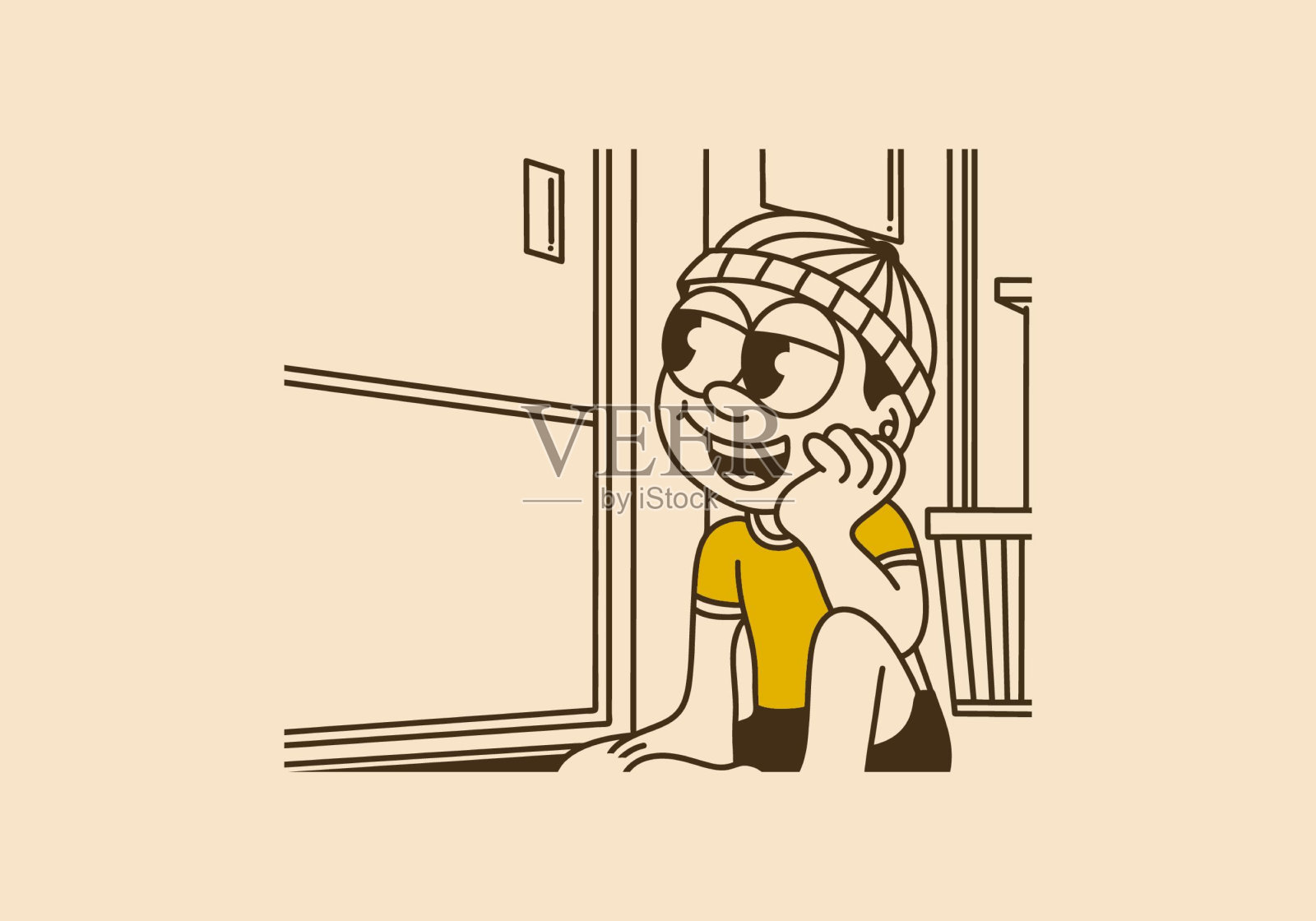 做白日梦，什么都不想。一个戴着无边便帽的男孩在窗边做白日梦插画图片素材