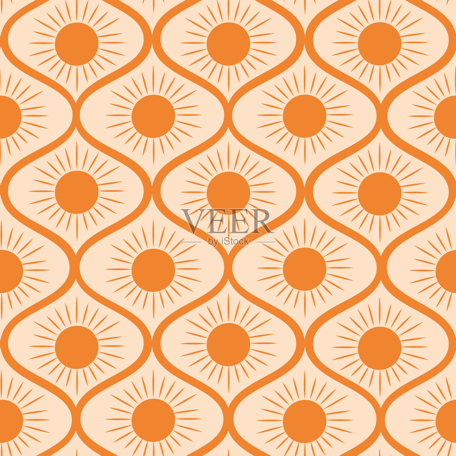 抽象的极简主义橙色太阳上世纪中期的椭圆形状无缝图案。插画图片素材