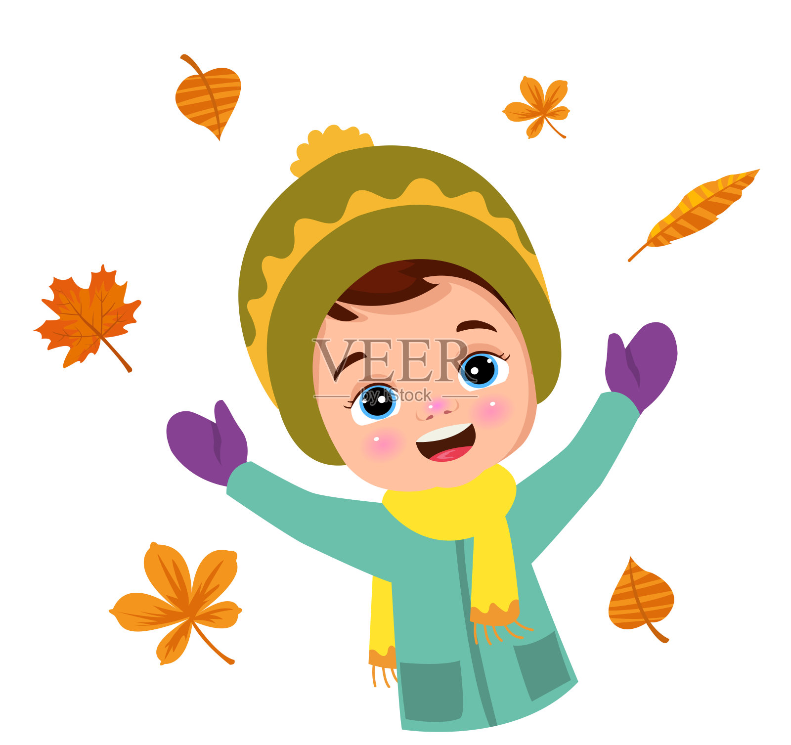 干树叶和可爱的孩子插画图片素材