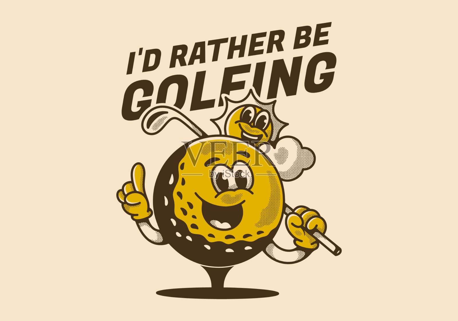 我宁愿去打高尔夫球。一个高尔夫球拿着高尔夫球棒的复古人物插图插画图片素材