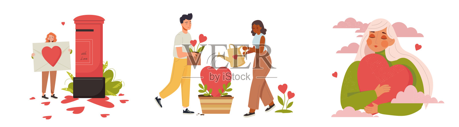 夫妇在爱情矢量插图集。大信封红心小人，情书概念。情人节可爱的海报，问候，传单，邀请，小册子。关系与爱。插画图片素材