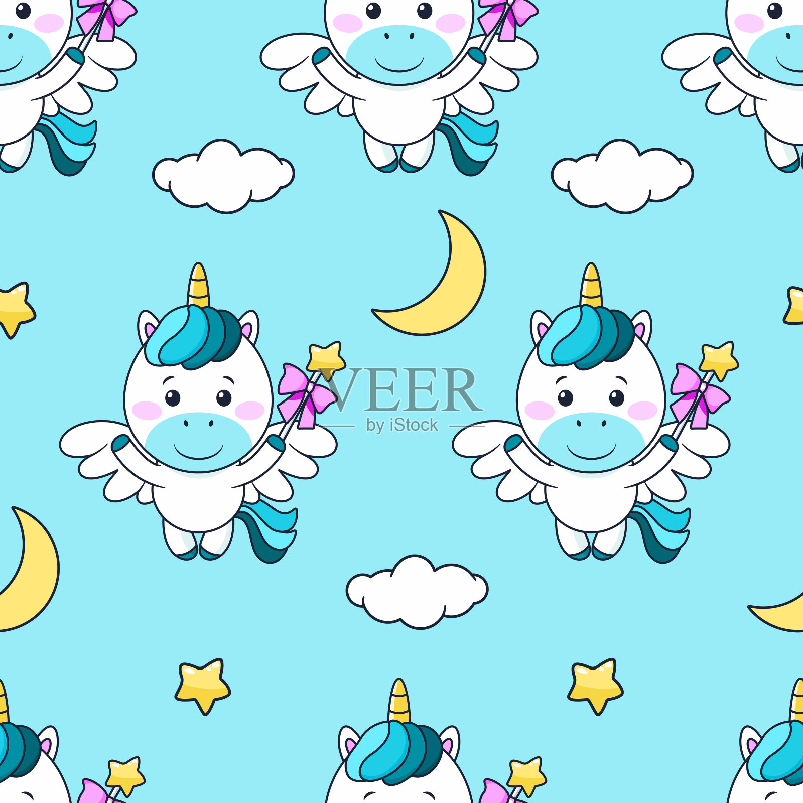 无缝图案与独角兽，云，月亮。向量瓷砖插画图片素材