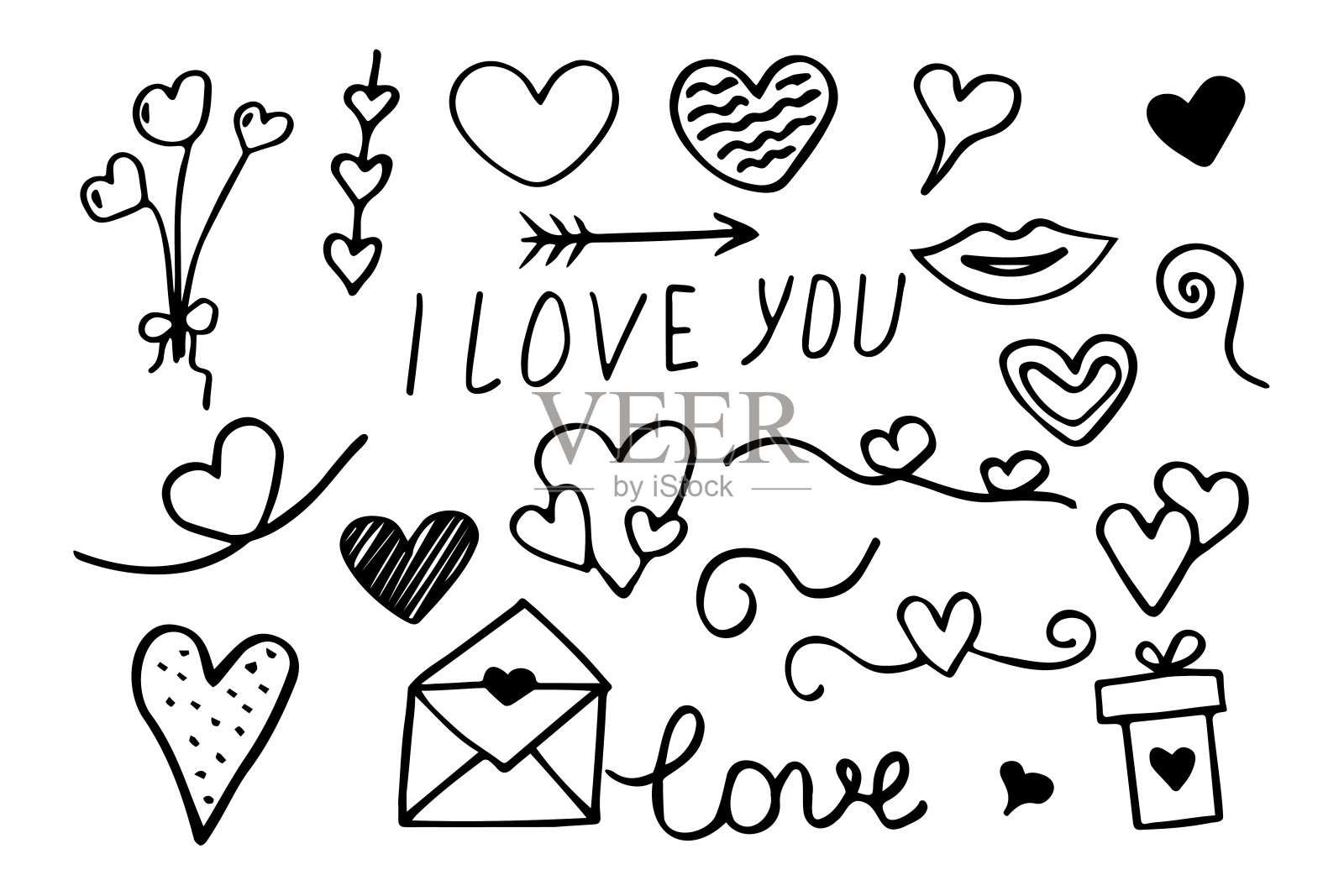 一套情人节的涂鸦风格元素。插画图片素材