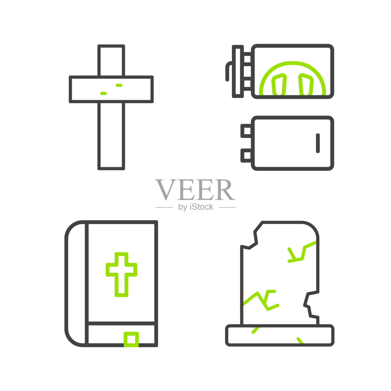 老坟墓与墓碑，圣经书，火葬场和基督教十字架图标。向量插画图片素材