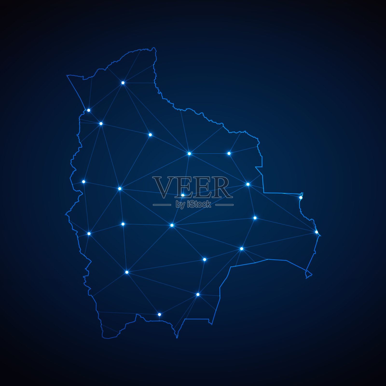 玻利维亚的抽象线框网格多边形地图，在深蓝色背景上以城市的形式呈现灯光。矢量图EPS10插画图片素材